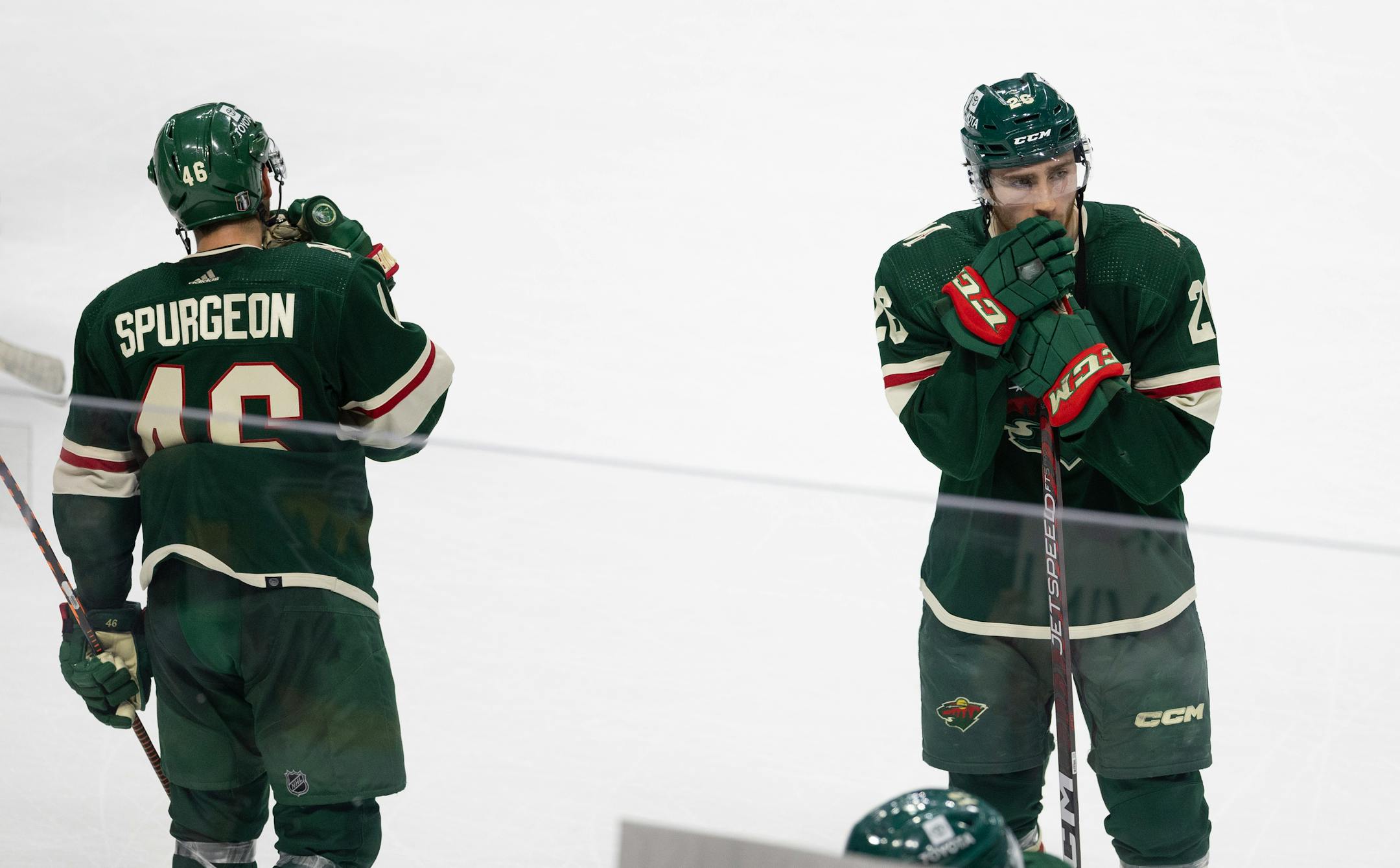 Minnesota Wild center Connor Dewar (26) reacts to the Wild's elimination from the playoffs after the loss to Dallas. The Minnesota Wild lost 4-1 to the Dallas Stars in Game 6 of an NHL hockey Stanley Cup first-round playoff series Friday night at Xcel Energy Center in St. Paul.