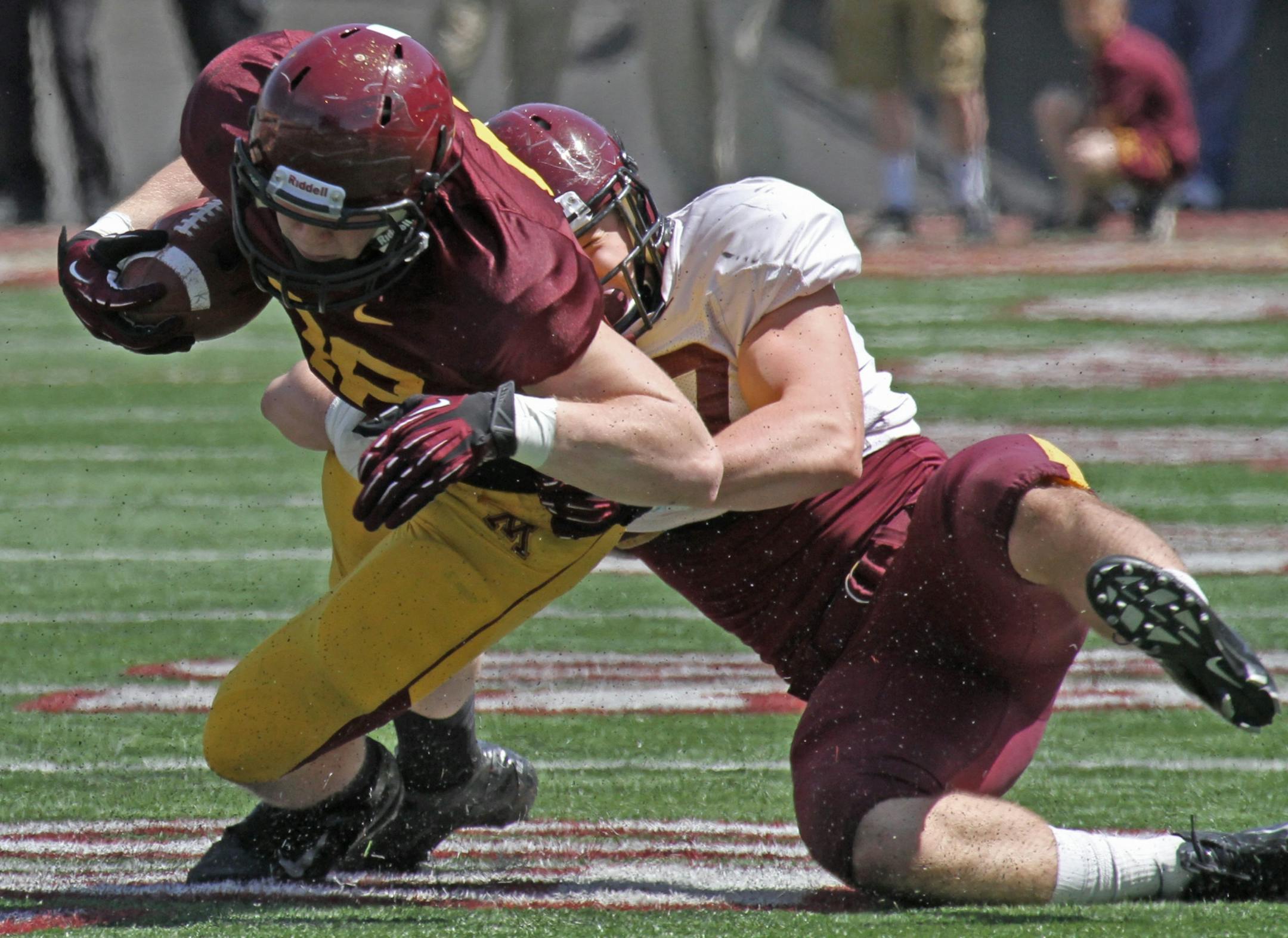 Redshirt freshman tight end Maxx Williams, left, hauled in a pass during the Gophers spring game and has impressed coach Jerry Kill during fall camp. Right now, offensively, he&#x2019;s one of our better players,&#x201d; Kill said.