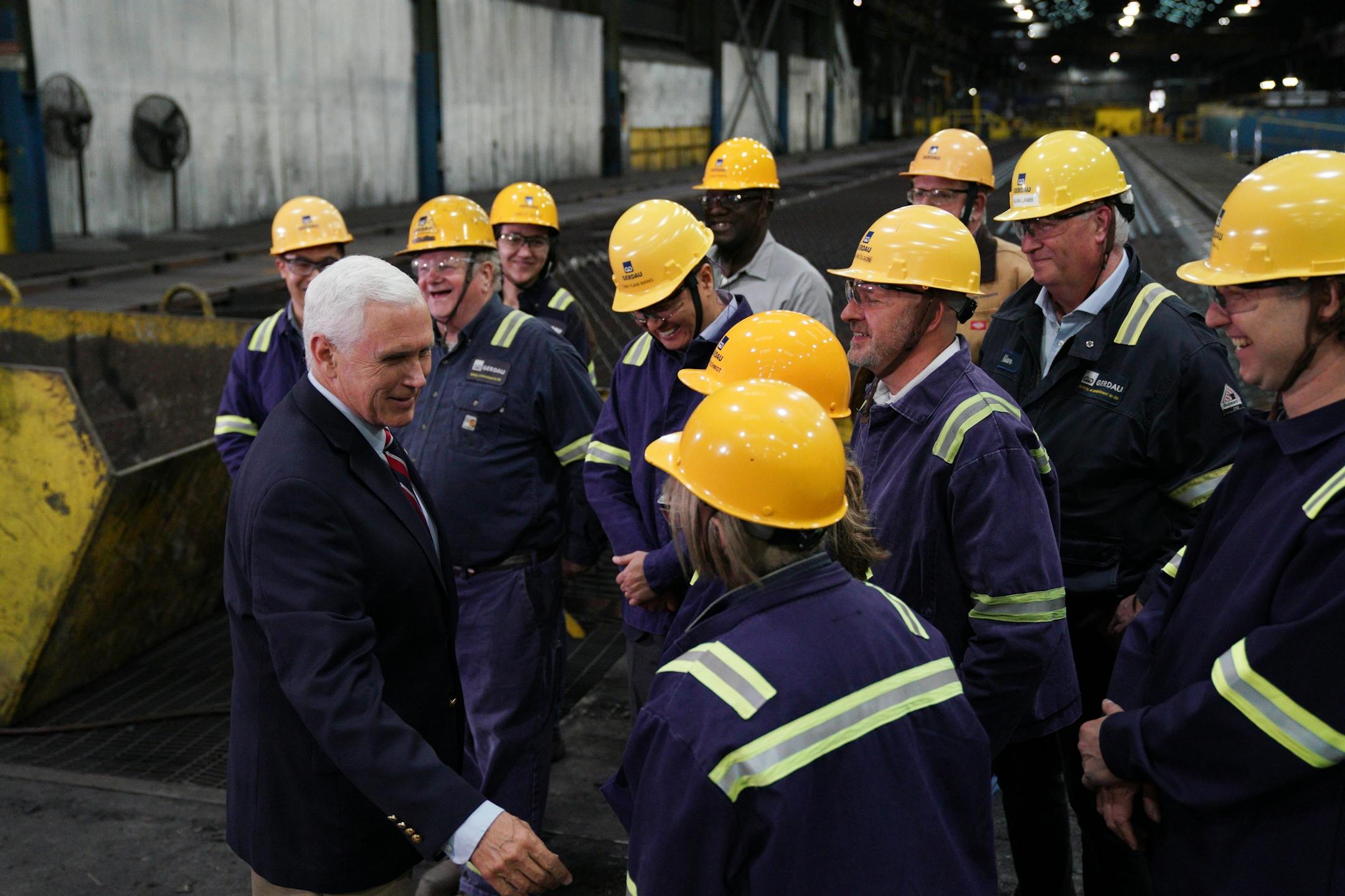 Vice President Mike Pence greeted a select group of steel workers after giving a speech Thursday at Gerdau Ameristeel in St. Paul.