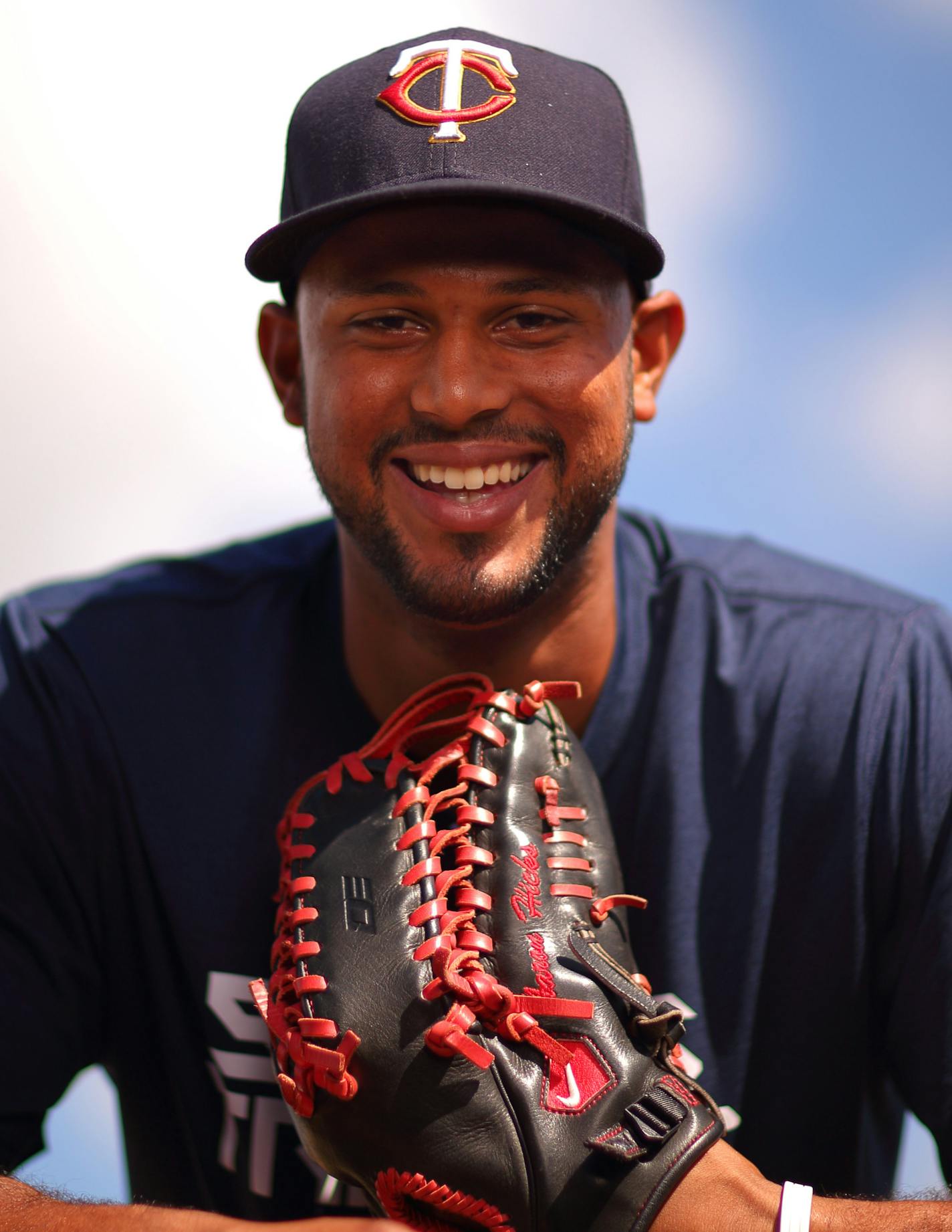 Twins outfielder Aaron Hicks with his glove Wednesday afternoon at Hammond Stadium in Fort Myers. ] JEFF WHEELER &#xef; jeff.wheeler@startribune.com The Twins played their first exhibition baseball game against the University of Minnesota team Wednesday night, March 4, 2015, at Hammond Stadium in Fort Myers, FL.