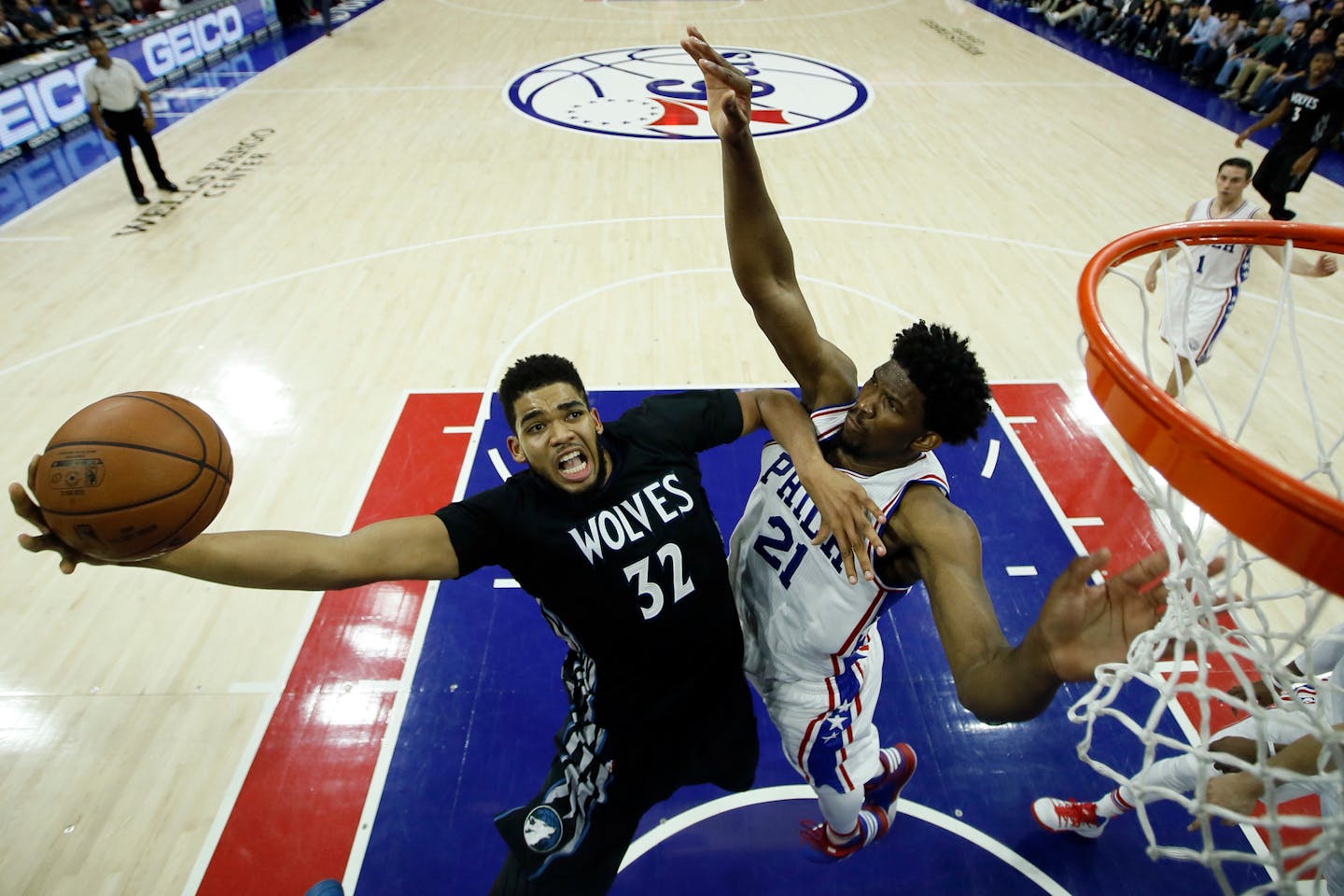 Karl-Anthony Towns went up for a shot against Philadelphia's Joel Embiid during a game in January, 2017