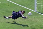 U.S. women's team goalkeeper Briana Scurry blocked a penalty shootout kick by China's Ying Liu during overtime of the World Cup Final at the Rose Bowl