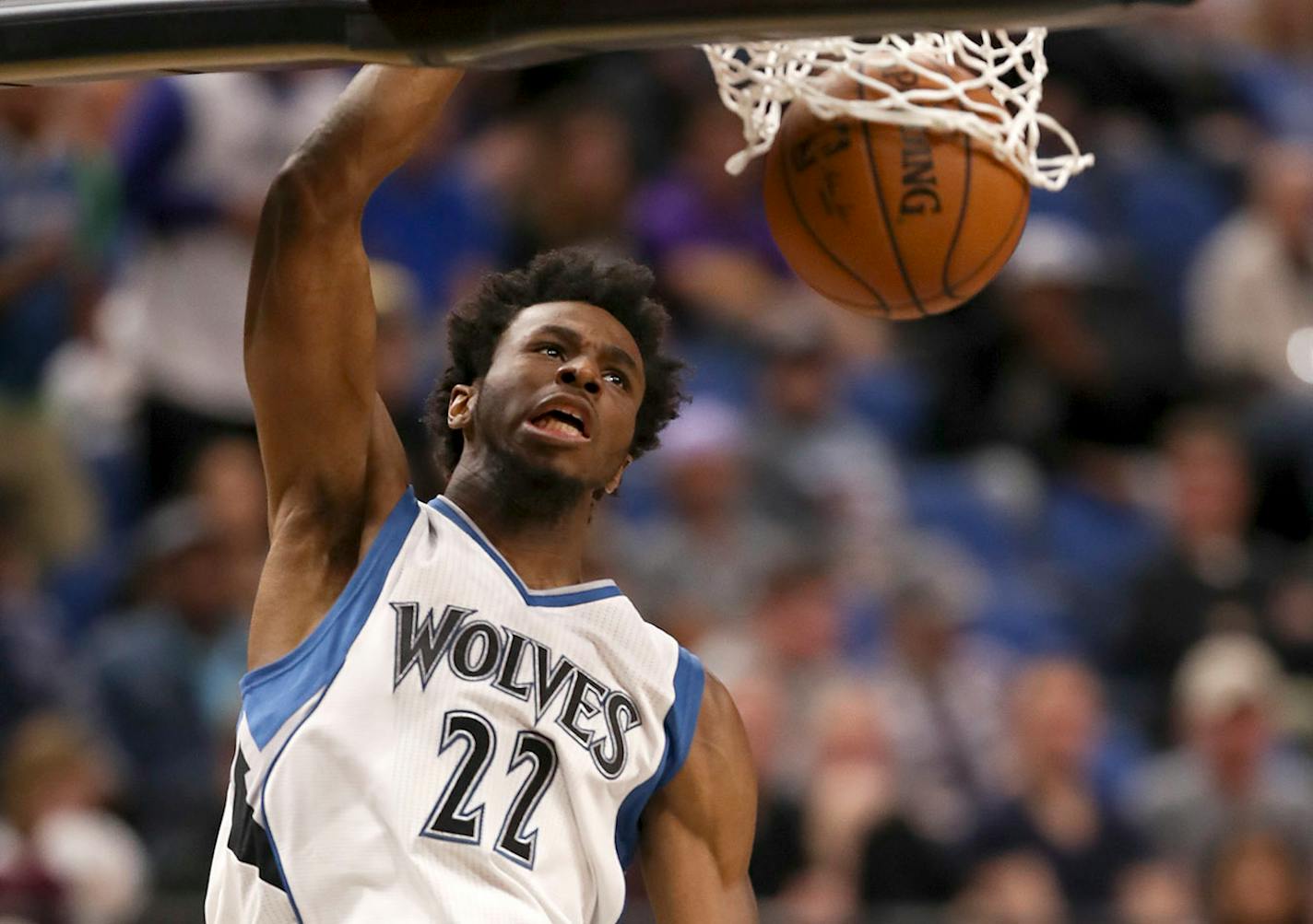 Timberwolves forward Andrew Wiggins (22) with a fourth quarter dunk. He scored a career best 47 points in the win.