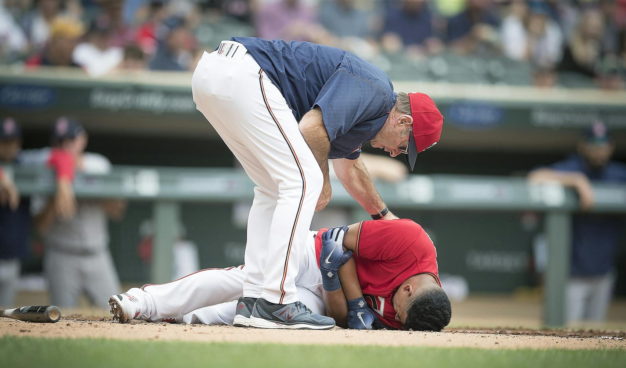Twins Manager Paul Molitor ran out to check on Eduardo Escobar after he was hit by Red Sox pitcher Rick Porcello during the first inning as the Twins took on the Boston Red Sox at Target Field, Thursday, June 21, 2018 in Minneapolis, MN.
