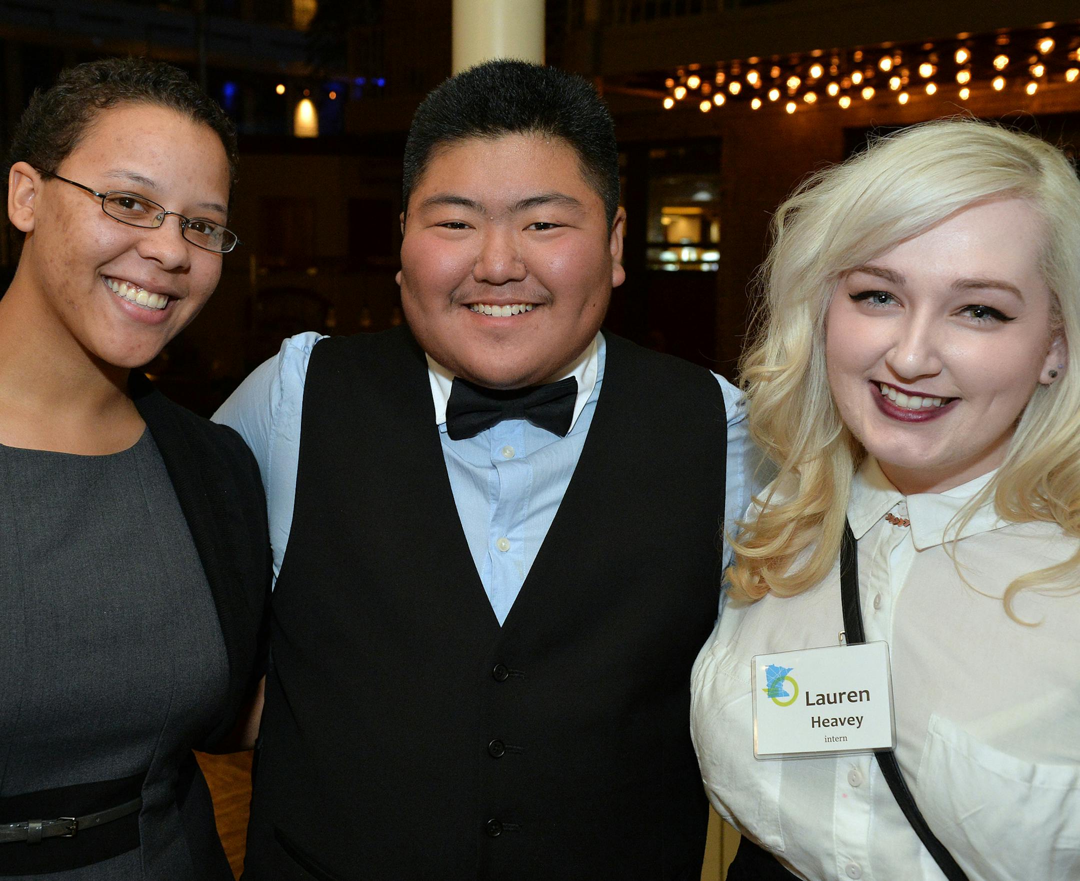 From left, Tia Agate, Visionary Award winner Jae Bates and OutFront intern Lauren Heavey. ] (SPECIAL TO THE STAR TRIBUNE/BRE McGEE) **Tia Agate (left), Jae Bates (center, Visionary Award winner), Lauren Heavey (right, OutFront intern)