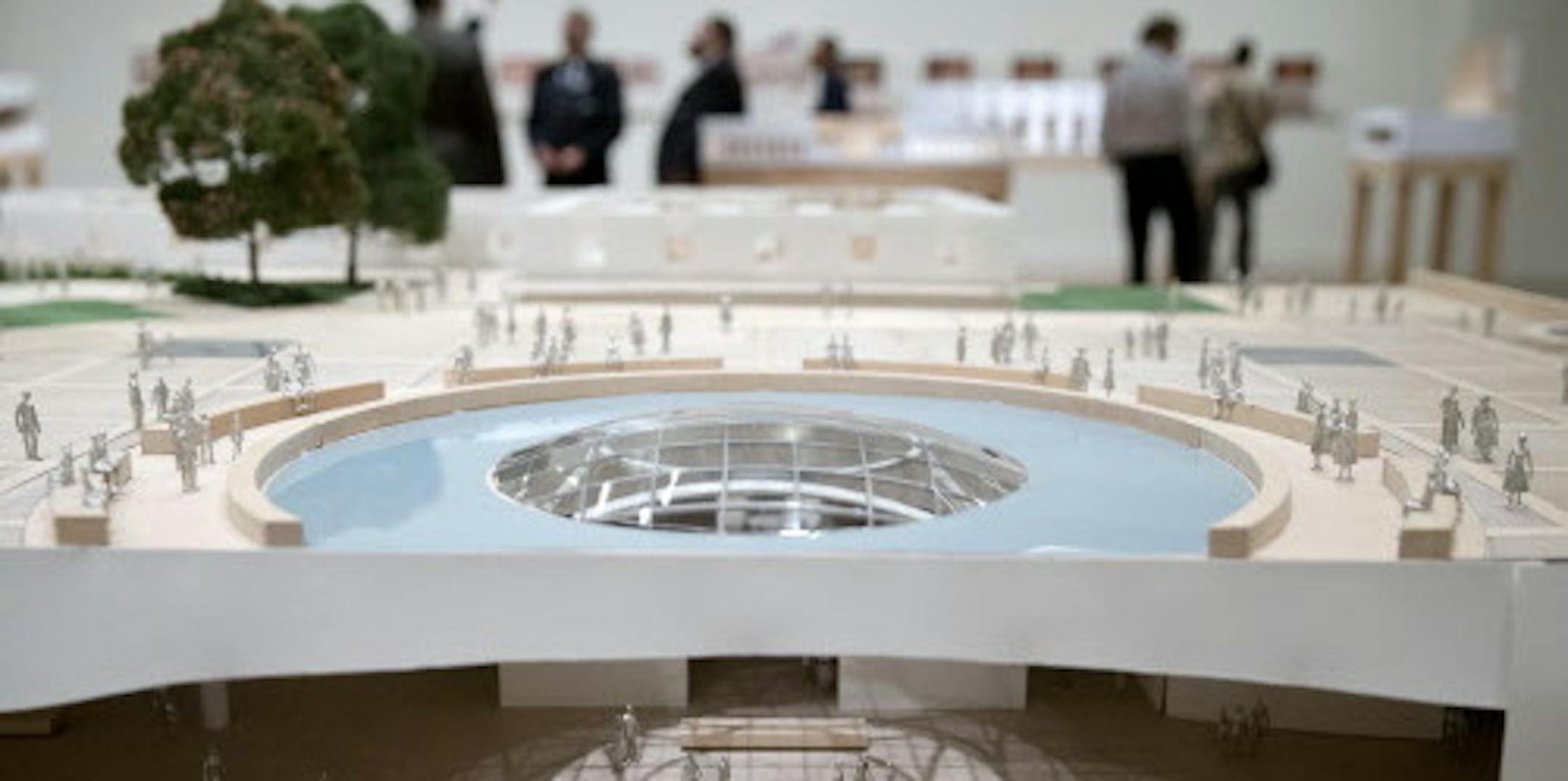 A model that helps illustrate the Philadelphia Museum of Art's master plan is displayed, Thursday, June 26, 2014, in Philadelphia. A massive renovation, designed by renowned architect Frank Gehry planned for the Philadelphia Museum of Art will result in little change to the building's Greek revival facade but a major expansion of gallery space. (AP Photo/Matt Rourke)