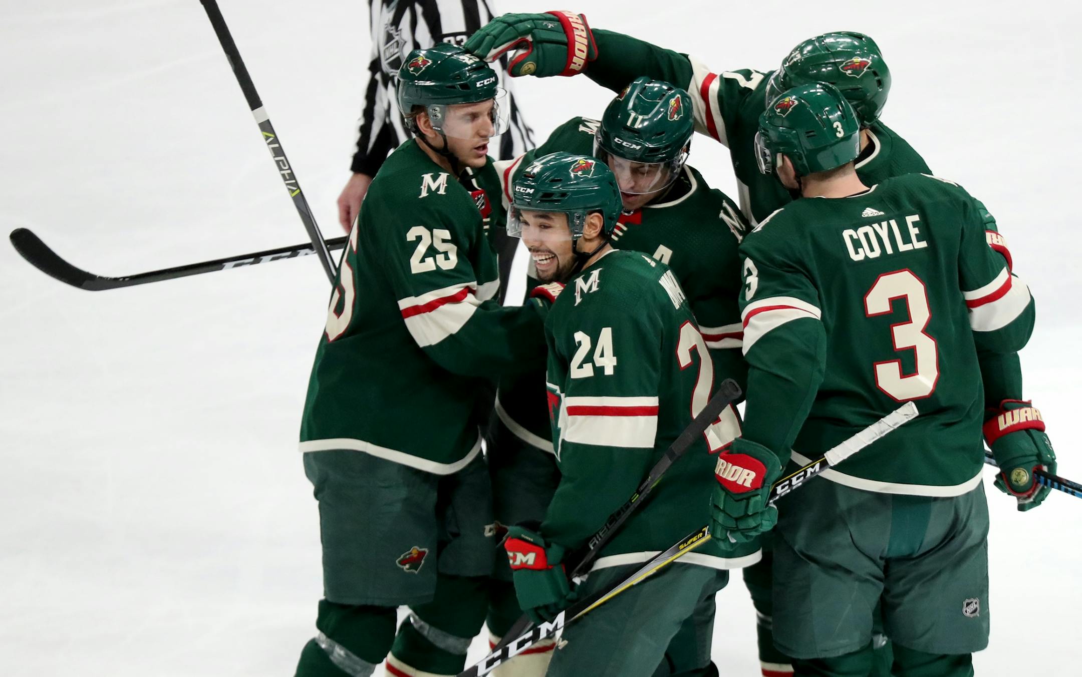 The Minnesota Wild's Matt Dumba celebrated a goal last week against the Jets, but the Wild hasn't been able to gain any ground due to a mandatory layoff. They return to the ice Saturday.