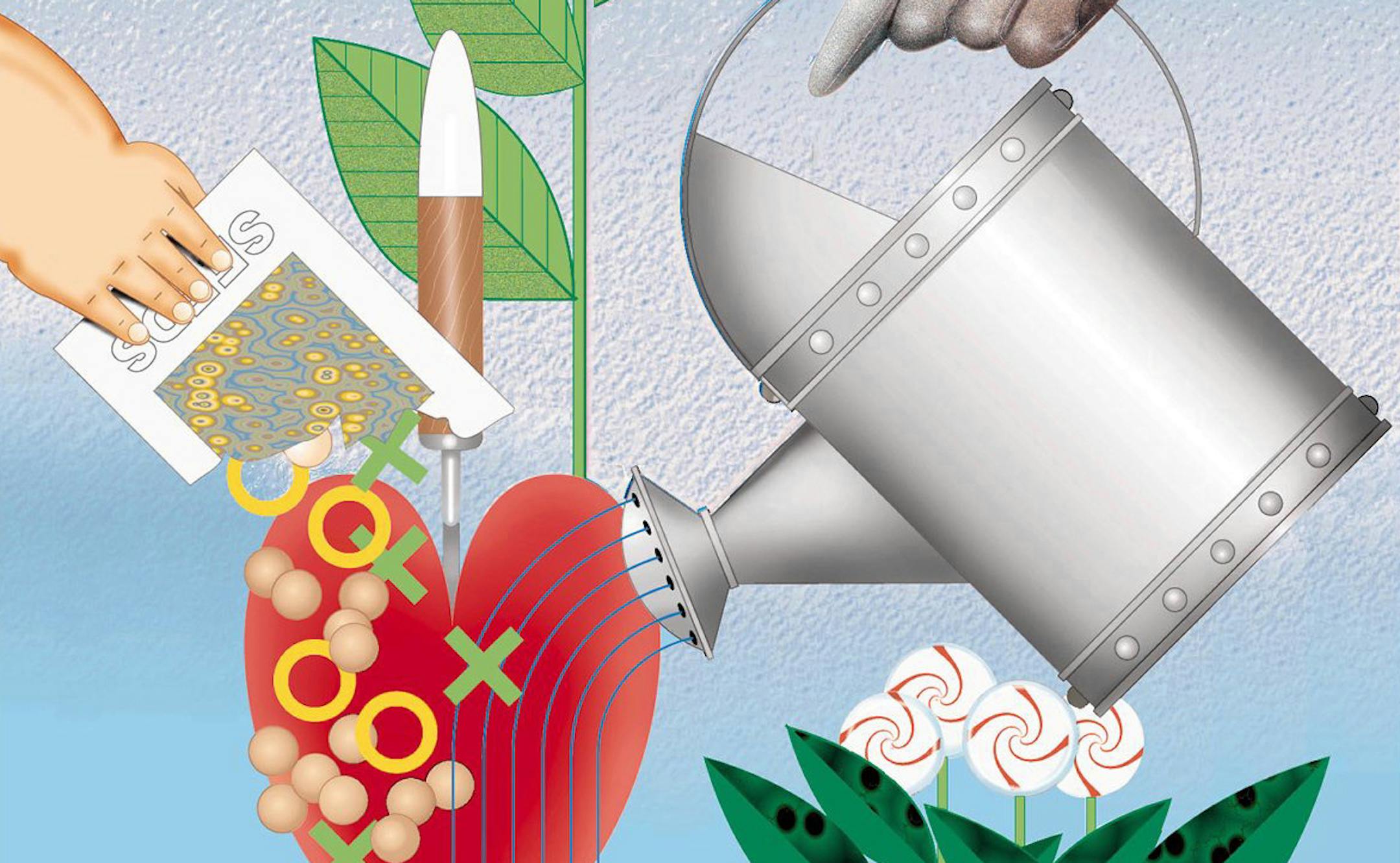 Size as needed (160 dpi, 45p x 51p), Bob Graham color illustration of gardening scene: Hand planting seeds while hand holding water can waters them. The Detroit Free Press, 1996 With GROW, Knight-Ridder by Marty Hair CATEGORY: ILLUSTRATIONSUBJECT: 1 GROW illusARTIST: Bob GrahamORIGIN: Detroit Free PressTYPE: EPS JPEGSIZE: As neededENTERED: 6/13/96REVISED:STORY SLUG: GROW, Knight-Ridder by Marty Hair illustration, features, hobby, gardening, garden, season, spring, summer, plant, flower,