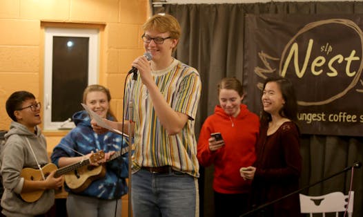The teen-created Nest offers youths a comfortable place to hang out, study and test out their talents in front of a friendly crowd. At a recent open mic night, emcee Patrick Djerf introduced joke-tellers, poets and ukelele players.