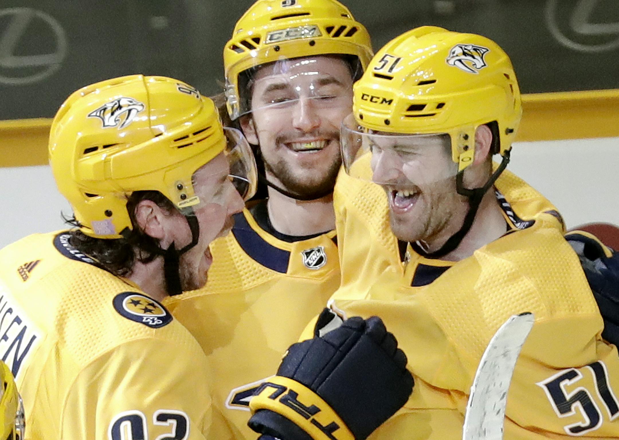 Austin Watson (51) recorded his first NHL hat trick on Sunday night. He entered the game with just one goal this season.