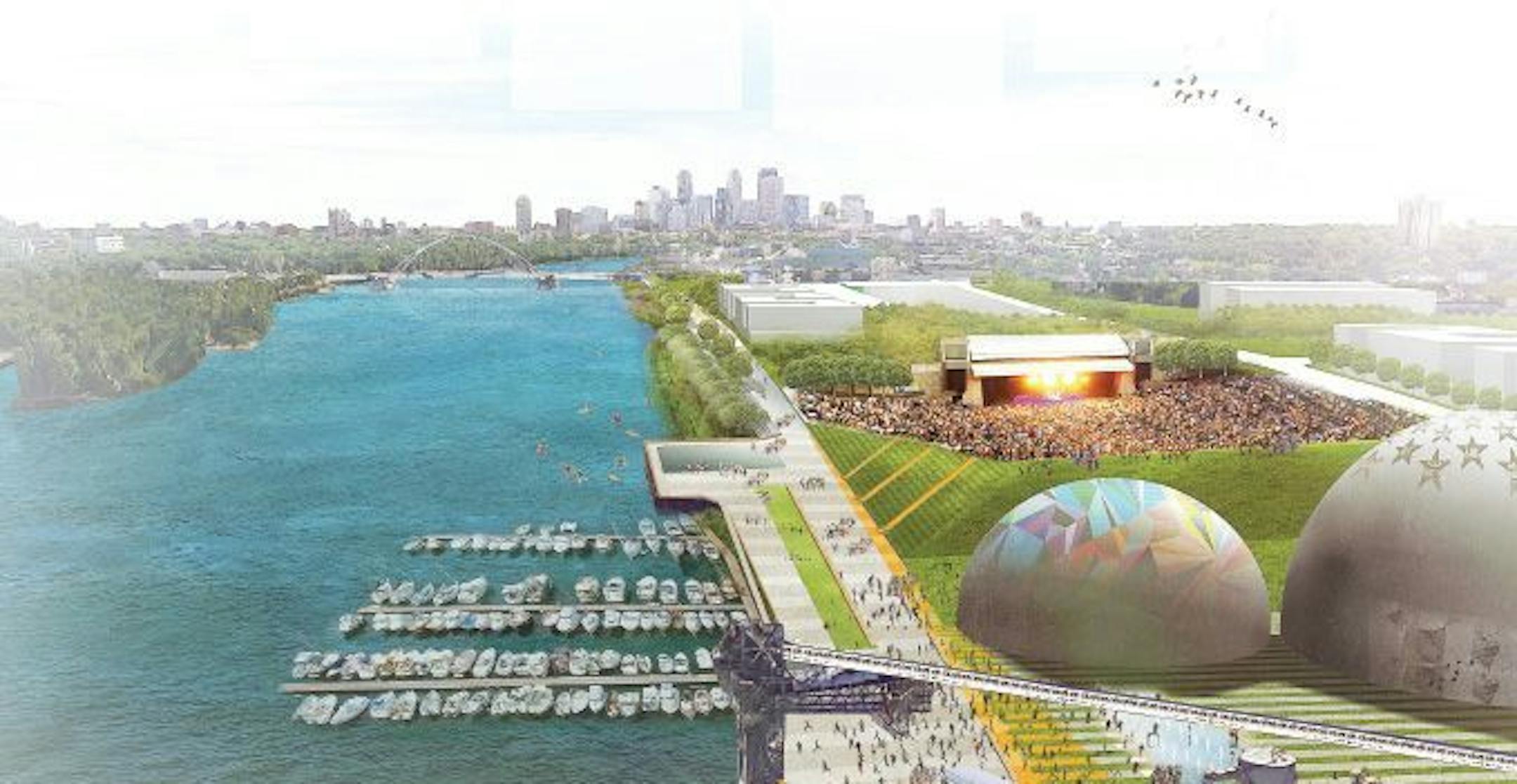 United Properties� proposal for redeveloping the Upper Harbor Terminal on the Mississippi River in north Minneapolis includes an amphitheater and river front park.