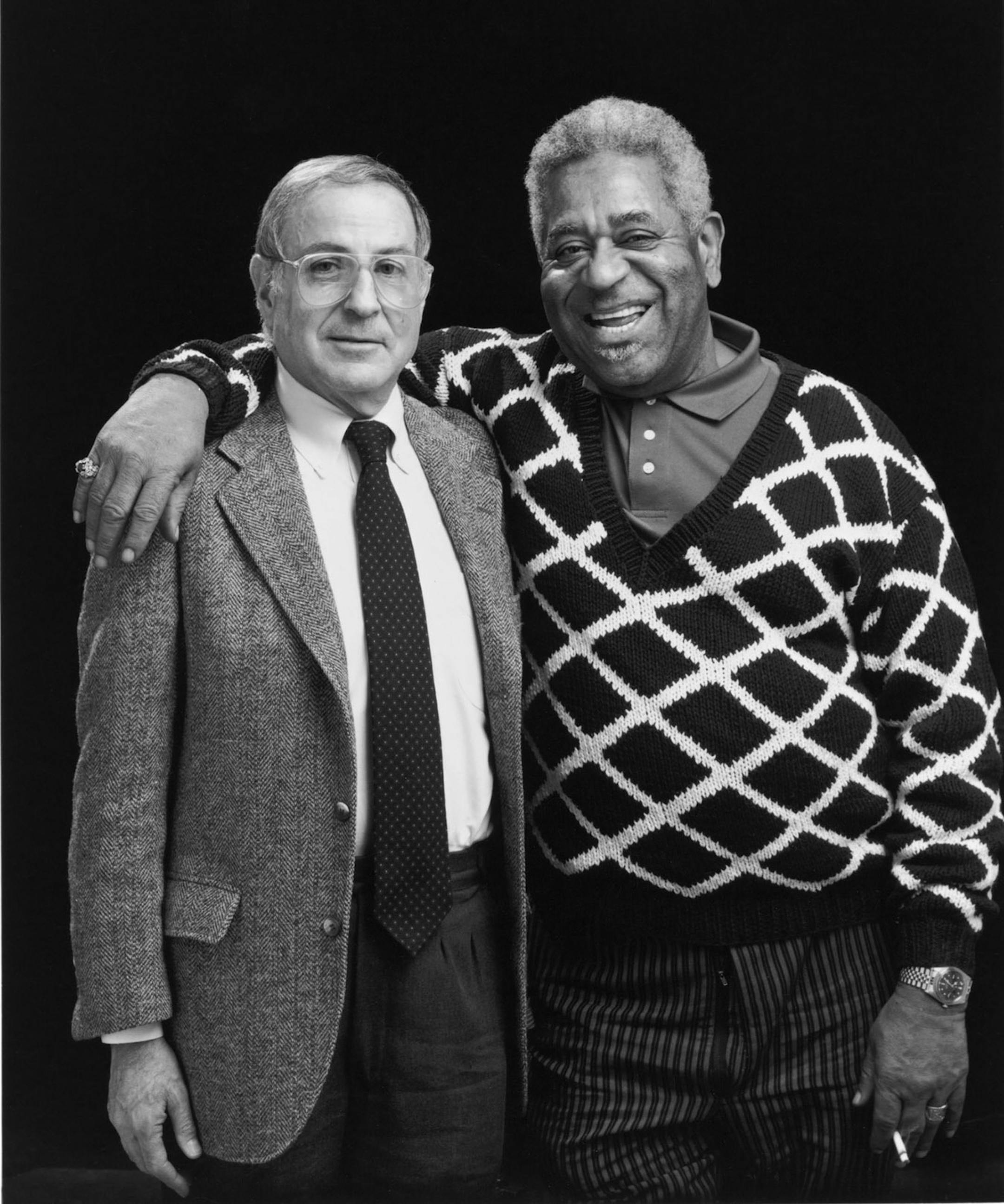 Leigh Kamman and Dizzy Gillespie at the Walker Art Center in 1965. Dizzy spoke with Leigh about his fifty year musical career as the opening event in a lecture and performance series called " Bop Echoes".
