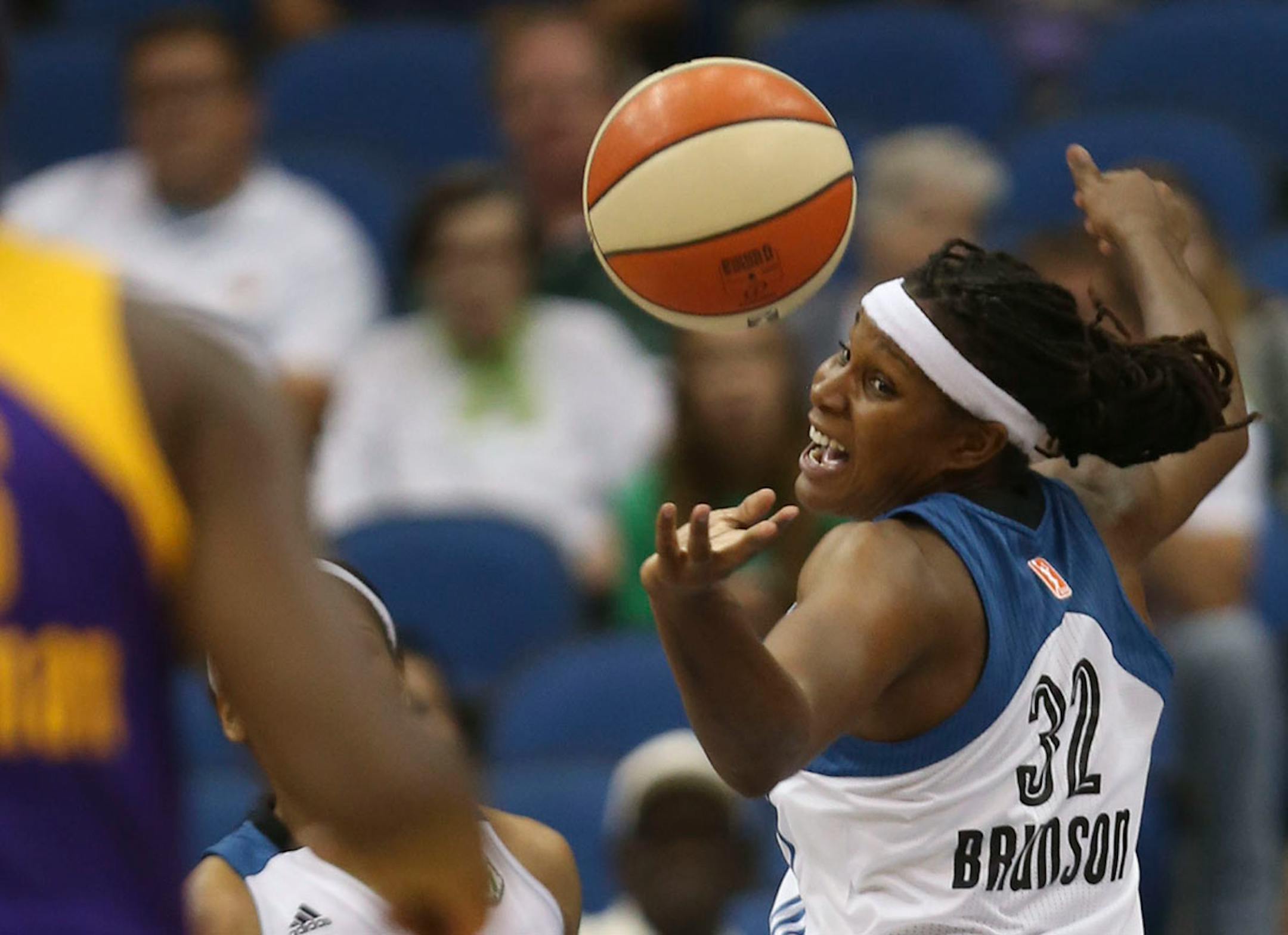 Lynx Rebekkah Brunson went after a rebound during the second half at the Target Center in Minneapolis Min., Wednesday, September 4, 2013.