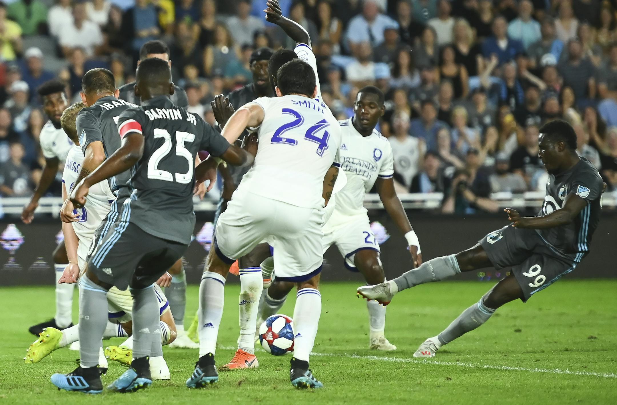Minnesota United forward Abu Danladi (99), far right, scored a goal against Orlando City during stoppage time, earning the team a draw. ] Aaron Lavinsky • aaron.lavinsky@startribune.com Minnesota United played Orlando City in an MLS soccer game on Saturday, Aug. 17, 2019 at Allianz Field in St. Paul, Minn.