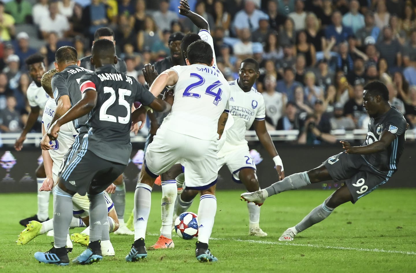 Minnesota United forward Abu Danladi (99), far right, scored a goal against Orlando City during stoppage time, earning the team a draw. ] Aaron Lavinsky &#x2022; aaron.lavinsky@startribune.com Minnesota United played Orlando City in an MLS soccer game on Saturday, Aug. 17, 2019 at Allianz Field in St. Paul, Minn.