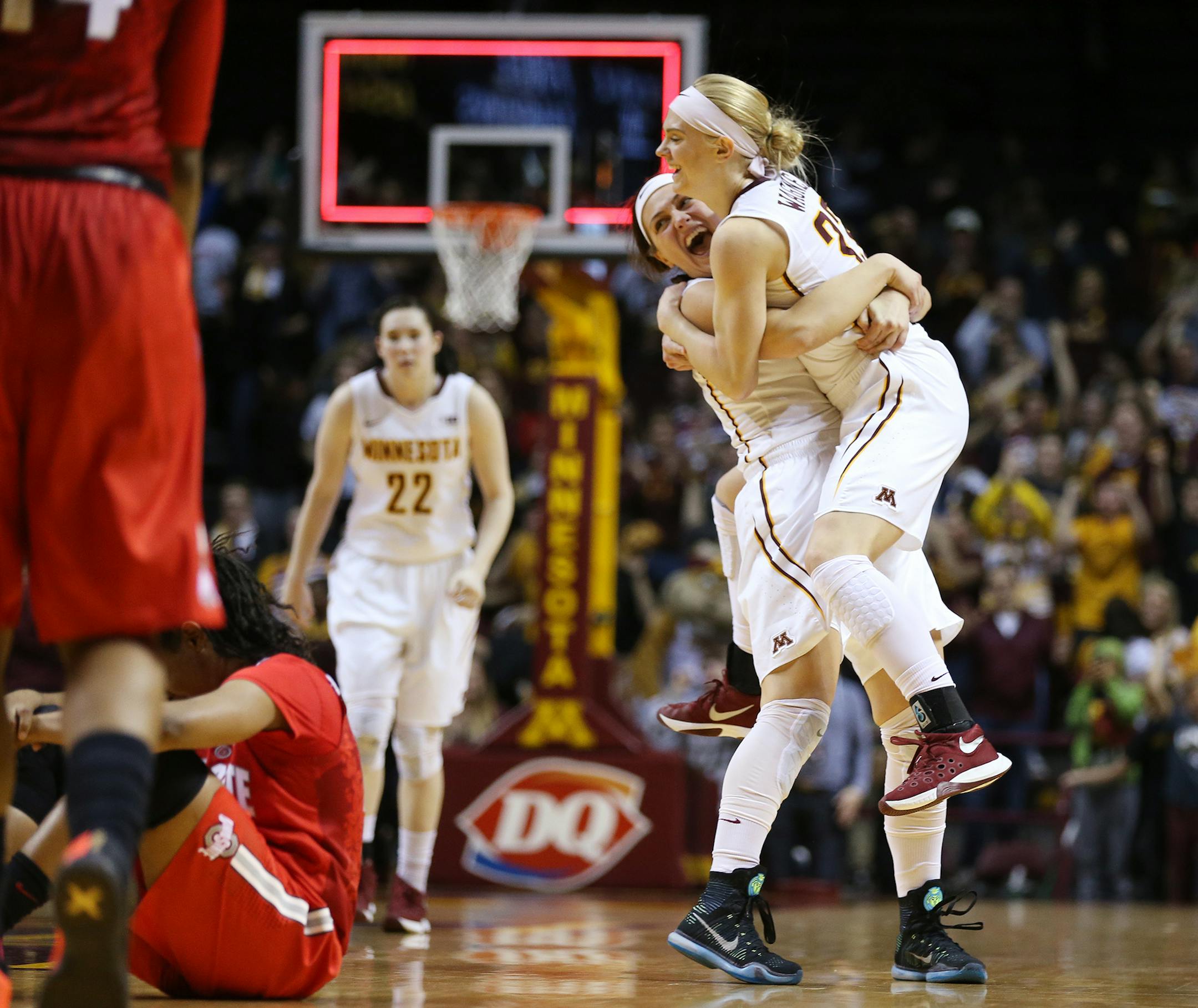 Minnesota Golden Gophers guard Shayne Mullaney (3), left, and Minnesota Golden Gophers guard Carlie Wagner (33) celebrate what they thought was their regulation win over Ohio State. The game went into overtime and the Gophers won 90-88. ] (Leila Navidi/Star Tribune) leila.navidi@startribune.com BACKGROUND INFORMATION: Minnesota women's basketball against Ohio State at Williams Arena in Minneapolis on Wednesday, February 24, 2016. The Gophers won 90-88 in overtime.