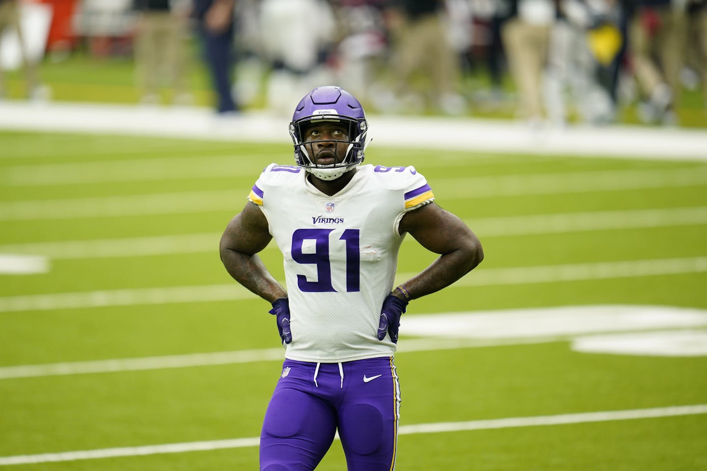 Minnesota Vikings defensive end Yannick Ngakoue (91) looks to the sideboard between plays during an NFL football game against the Houston Texans, Sunday, Oct. 4, 2020, in Houston. (AP Photo/Matt Patterson) ORG XMIT: NYOTK