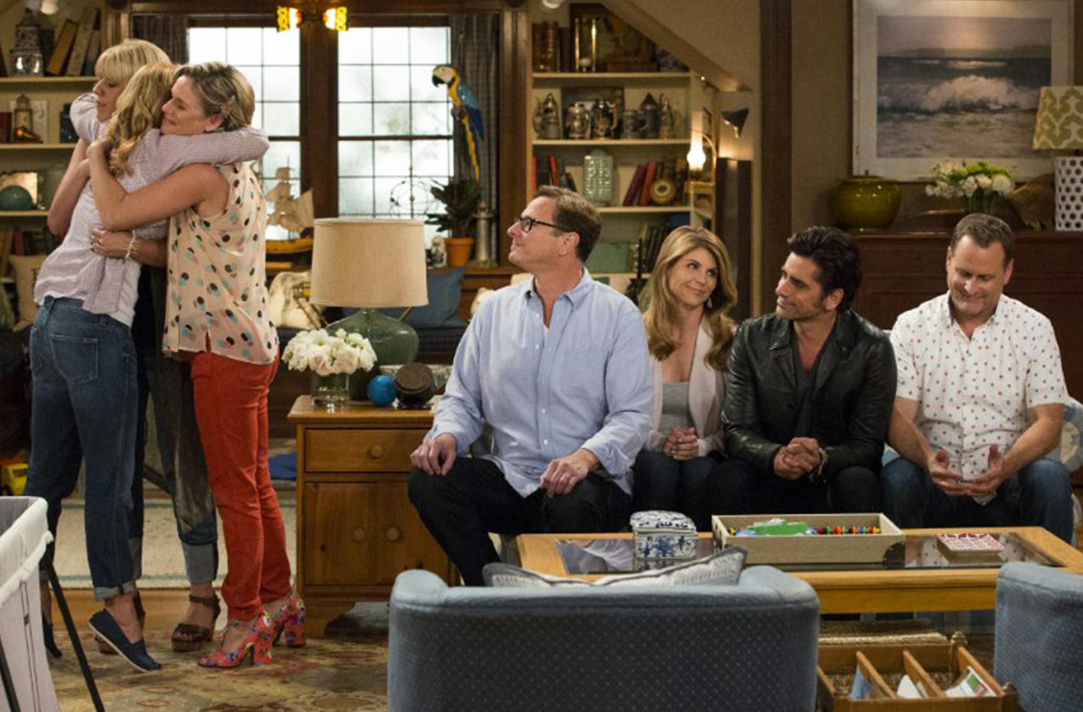 John Stamos, Andrea Barber, Candace Cameron Bure, Dave Coulier, Lori Loughlin, Bob Saget and Jodie Sweeton in "Fuller House." (Netflix) ORG XMIT: 1180957