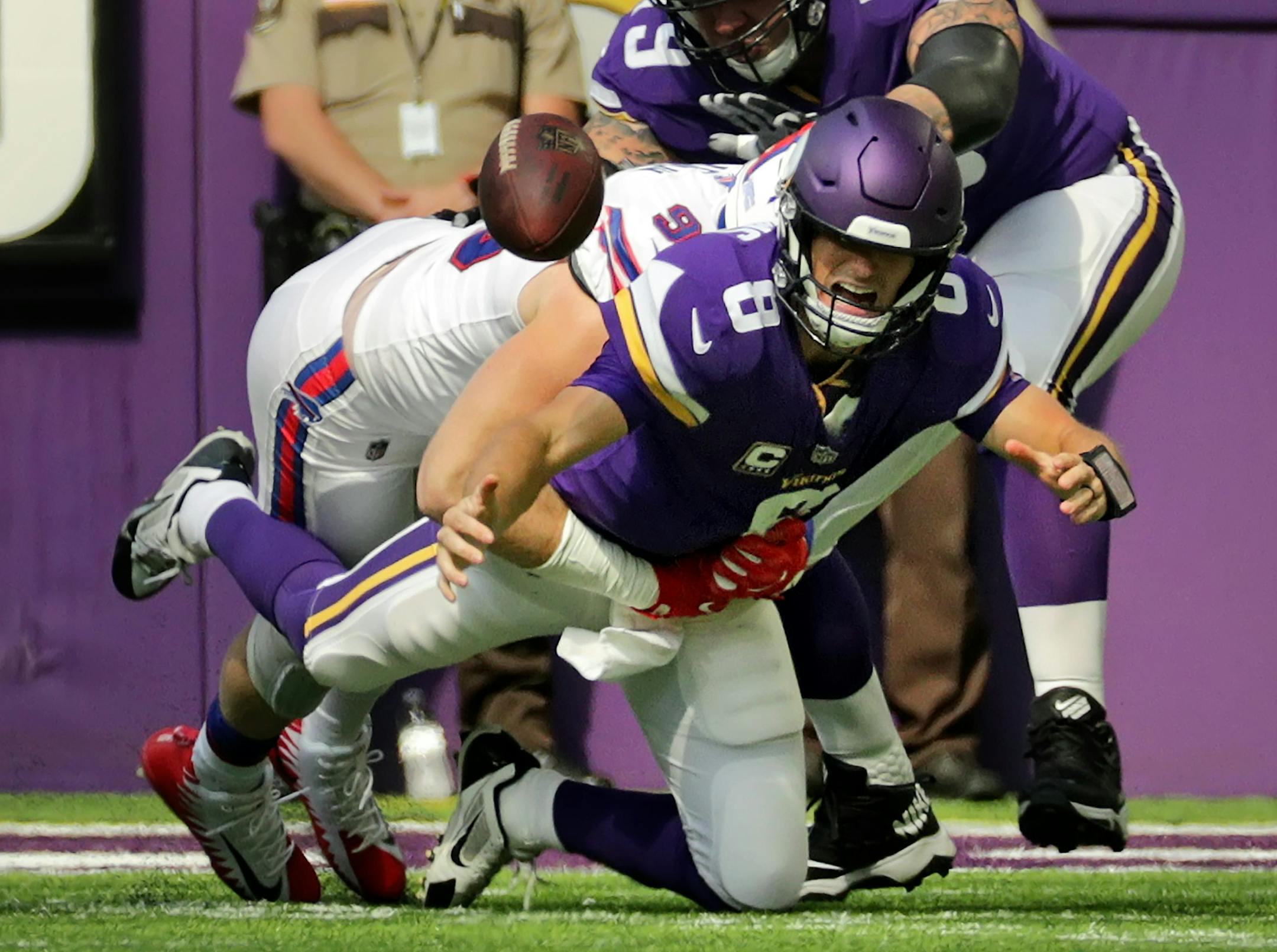 Kirk Cousins gets sacked at MIN 19 for -8 yards (J.Hughes). FUMBLES (J.Hughes) [J.Hughes] RECOVERED by BUF-M.Milano at MIN 25. M.Milano to MIN 25 for no gain. ] Minnesota Vikings -vs- Buffalo Bills, U.S. Bank Stadium.
BRIAN PETERSON ï brian.peterson@startribune.com
Minneapolis, MN 09/23/2018