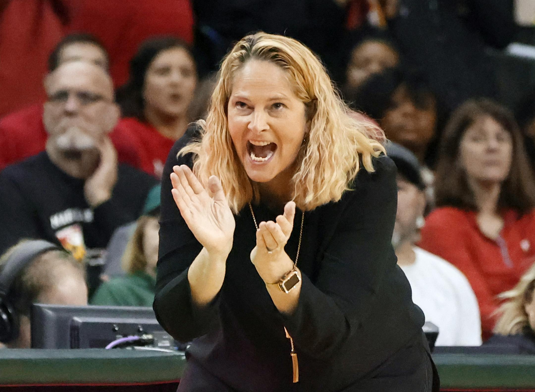 Maryland head coach Brenda Frese cheers on her team in the second half of an NCAA college basketball game against Baylor, Sunday, Nov. 20, 2022, in Waco, Texas. (Rod Aydelotte/Waco Tribune Herald, via AP)