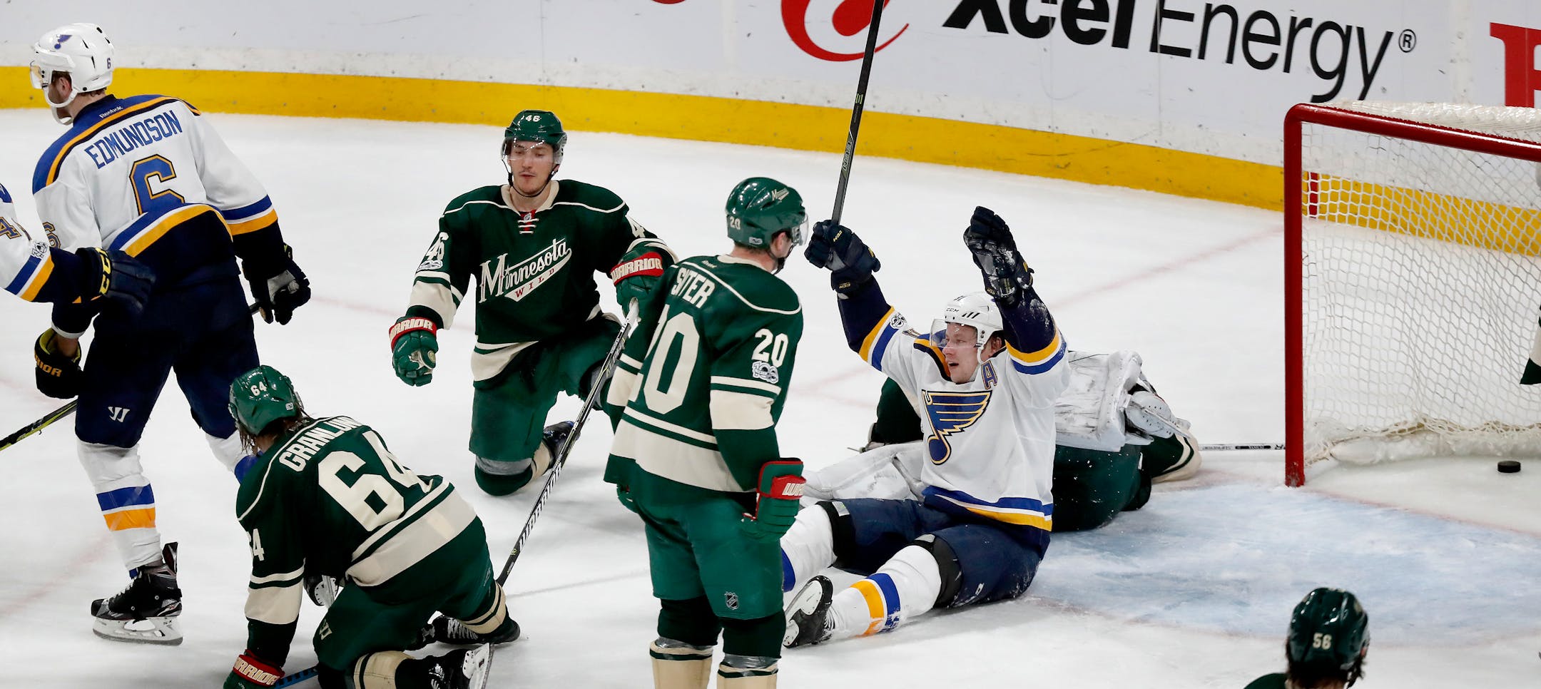 Joel Edmundson (6) shot the puck past Minnesota Wild goalie Devan Dubnyk (40) for game goal in overtime. ] CARLOS GONZALEZ � cgonzalez@startribune.com - April 12, 2017, St. Paul, MN, Xcel Energy Center, NHL, Stanley Cup Playoffs, Game 1, Minnesota Wild vs. St. Louis Blues