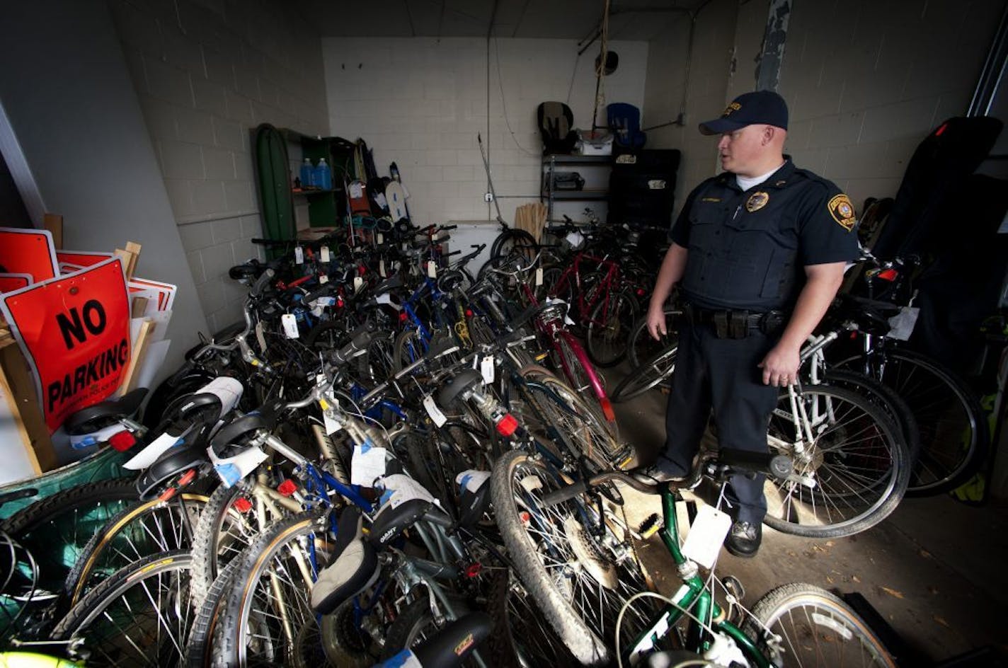 Deephaven Police Sgt. Chris Whiteside would like to get these bicycles back to their owners and get them out of the police department garage where a squad car is usually kept. The gear was confiscated from Gear Doctors which went out of business leaving customers without equipment or cash owed to them. Friday, October 12, 2012