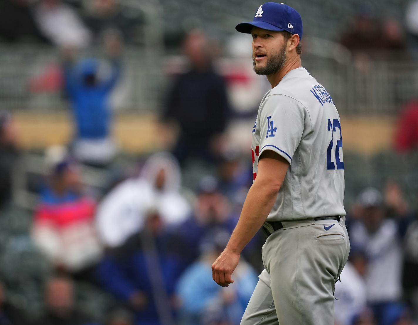 Los Angeles Dodgers starting pitcher Clayton Kershaw (22) threw his last pitch in the 7thin inning . Kershasw was just 6 outs from the chance at a perfect game in Minneapolis, Minn., on Wednesday, April 13, 2022.