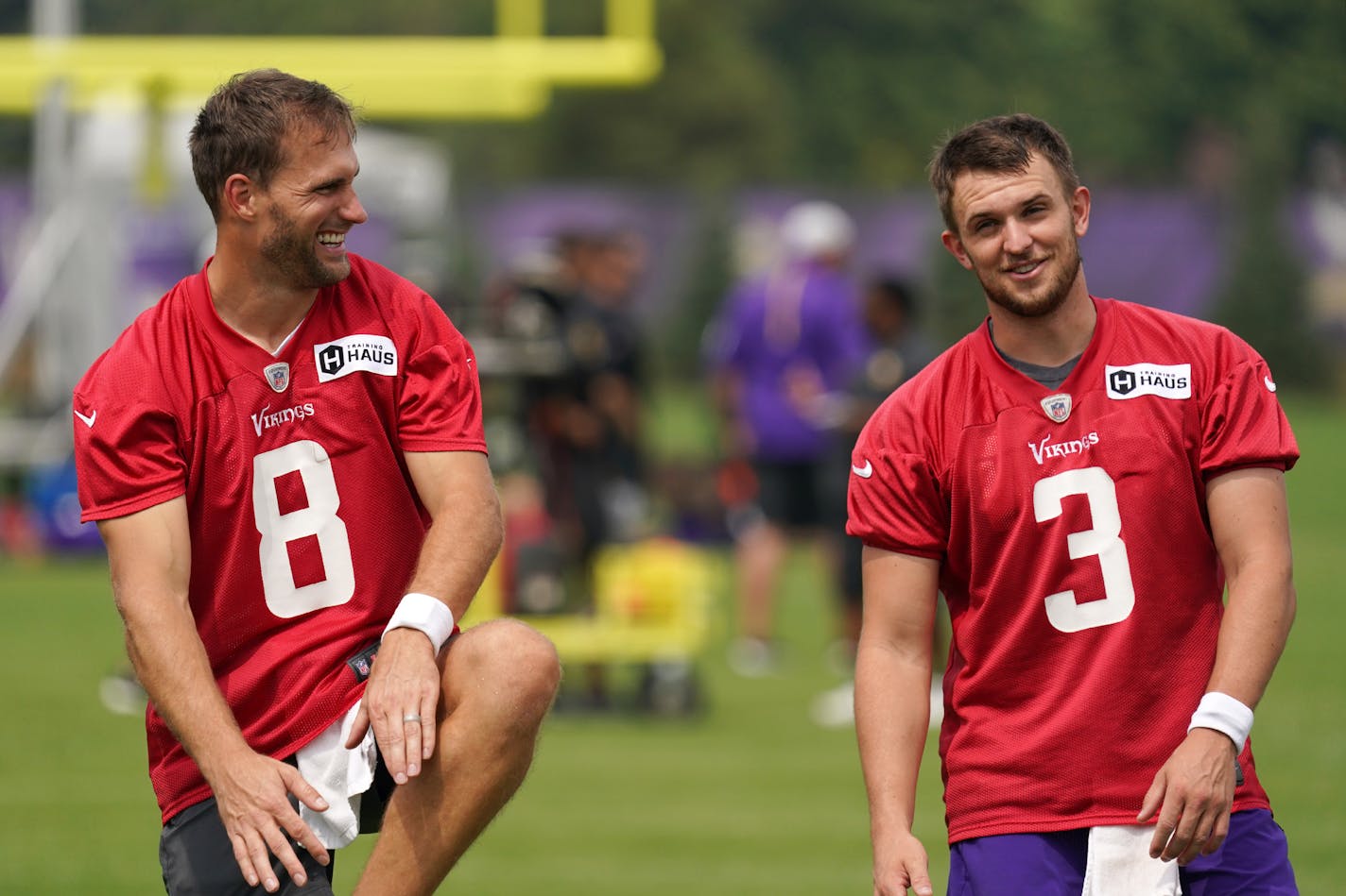 Vikings quarterback Kirk Cousins (8) joked with fellow quarterback Jake Browning (3) during training camp Thursday. ] ANTHONY SOUFFLE • anthony.souffle@startribune.com