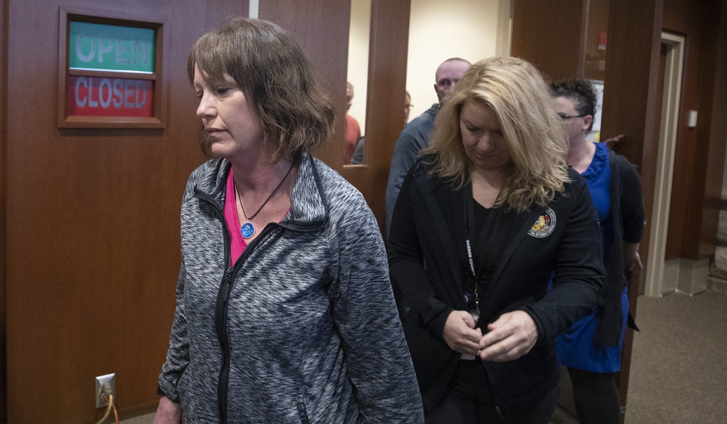 Sue Allard aunt of Jayme Closs left the court room where Jake T. Patterson 21, was formally charged with 2 counts of first degree murder ,and kidnapping of Jayme Closs,13 at the Barron County Circuit Court Monday January 14, 2019 inBarron, Wisconsin.] Jerry Holt &#x2022; Jerry.holt@startribune.com