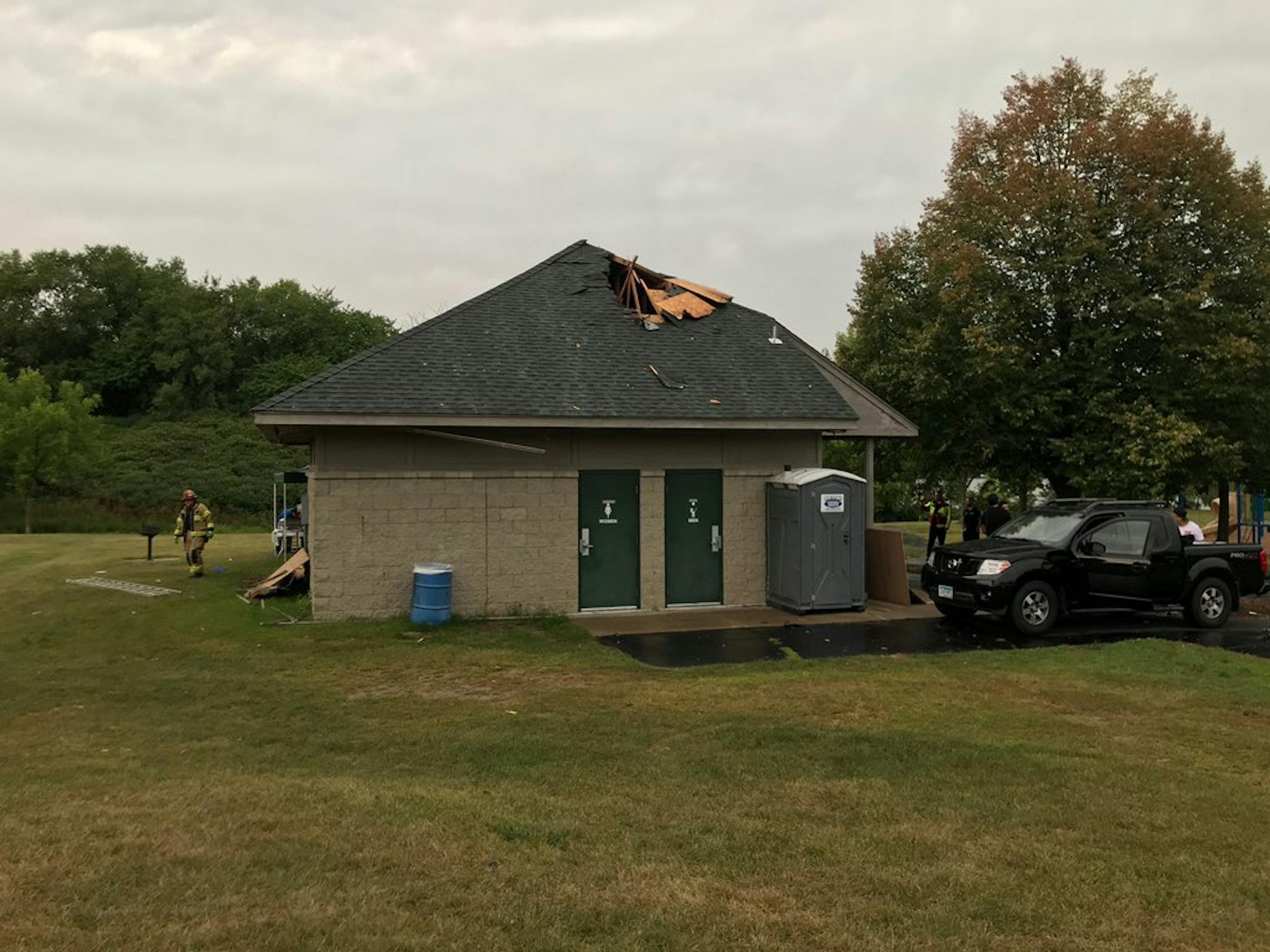 Lightning struck a park shelter in Lakeville where 40 people were attending an event. Three people were injured, none critically, when the bolt struck a building at Casperson Park, Lakeville police said.
