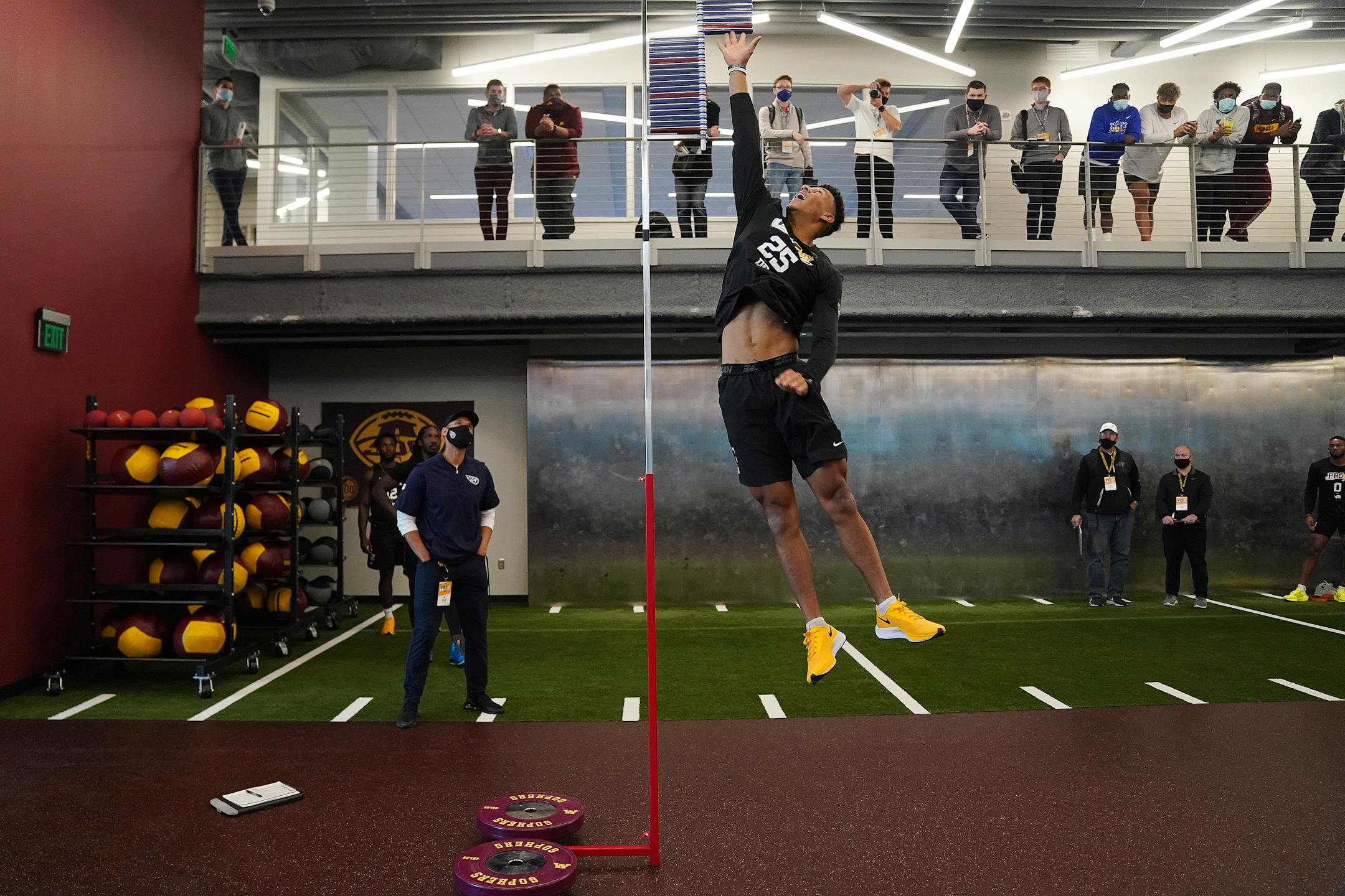University of Minnesota cornerback Benjamin St-Juste leapt for height in front of NFL scouts during Pro Day Thursday.