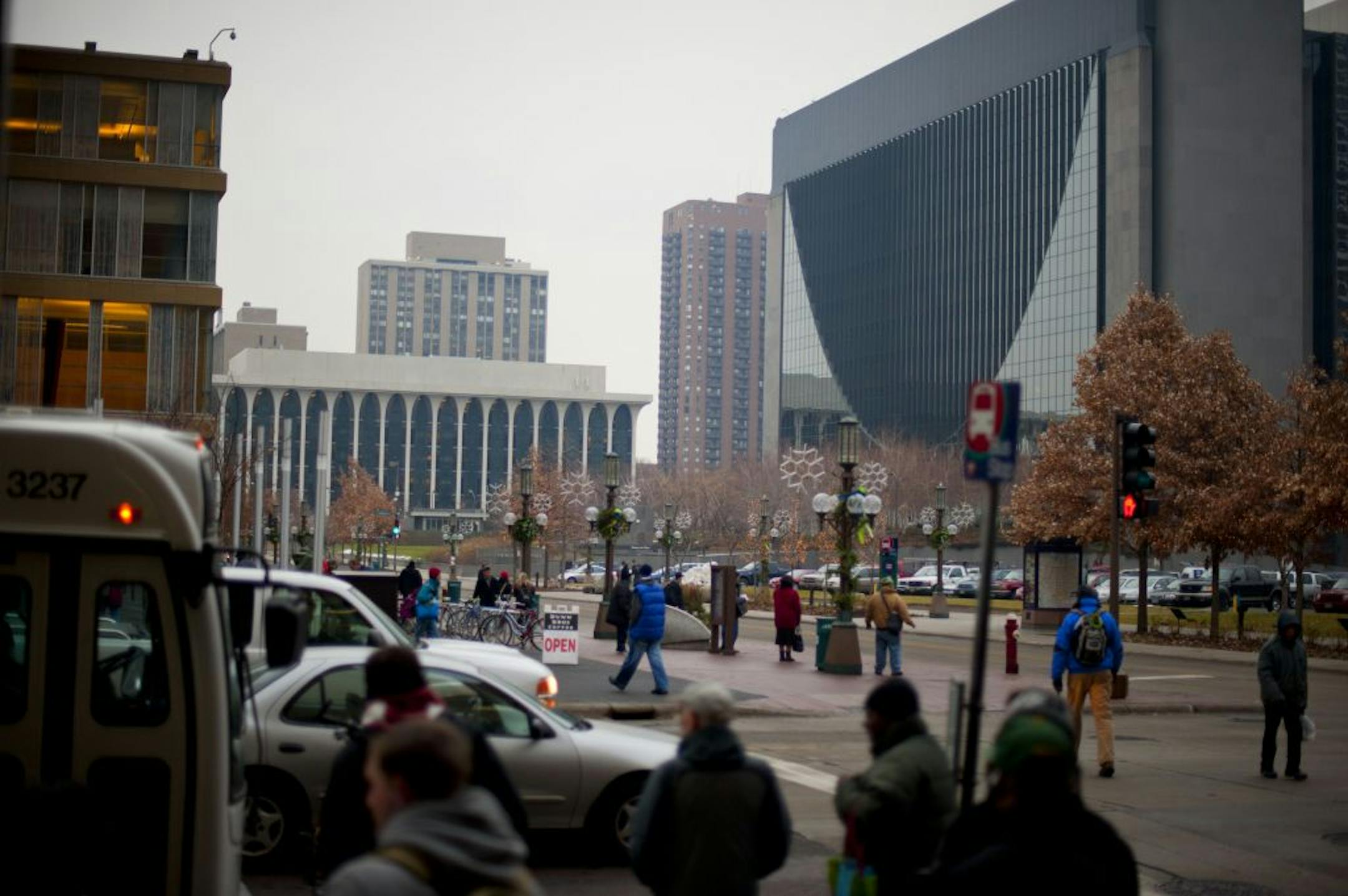 View of Nicollet Mall's north end. The Minneapolis Downtown Council released an ambitious plan for the city's central core that involves doubling the current residential population, a mall corridor that stretches from the Walker Arts Center to the Mississippi riverfront, rehabbing Nicollet Mall's north end, and a Vikings stadium on the city's western side.