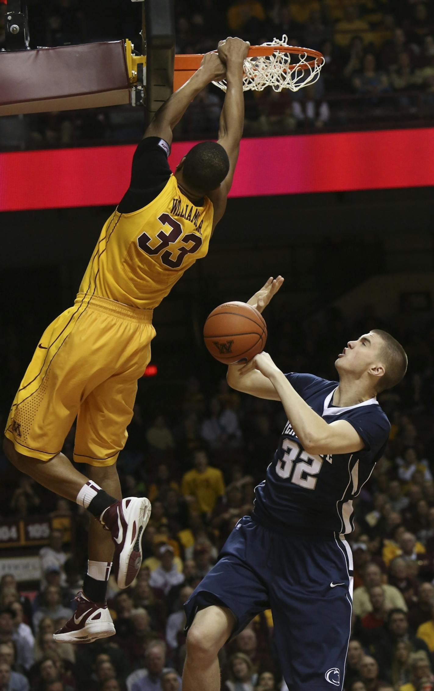 Gophers senior forward Rodney Williams dunked on Penn State's Patrick Ackerman.