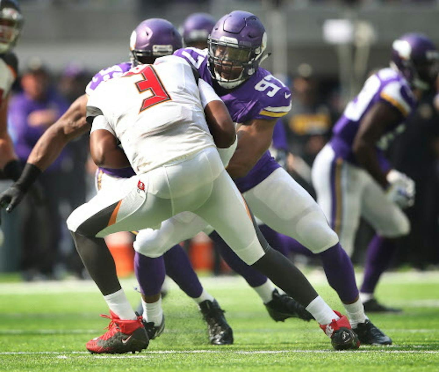 Minnesota Vikings defensive end Everson Griffen (97) sacked Tampa Bay Buccaneers quarterback Jameis Winston (3) in the second quater at U.S. Bank Stadium Sunday September 24,2017 in Minneapolis ,MN. ] JERRY HOLT ' jerry.holt@startribune.com Jerry Holt