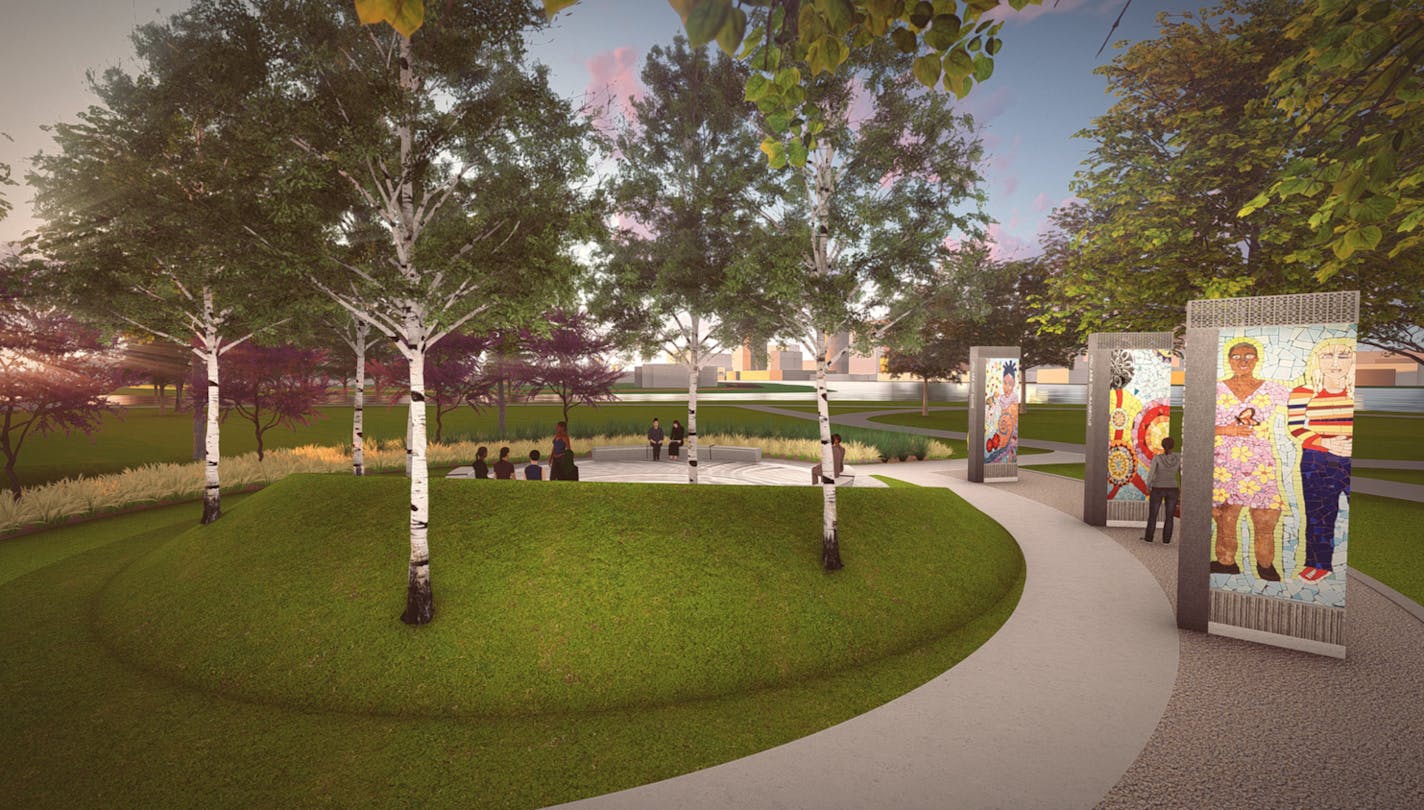 Architectural renderings show the planned memorial to survivors of sexual assault at Boom Island Park in Minneapolis.
Rendering provided by Sarah Super