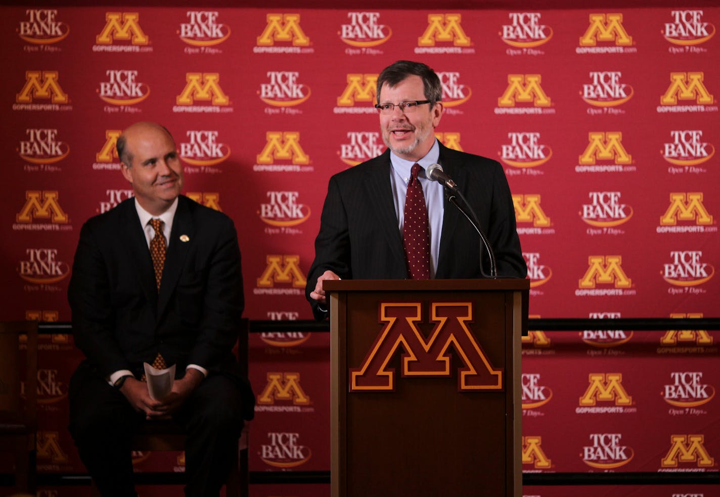 Norwood Teague was introduced as the next director of athletics at the University of Minnesota at a news conference in the football locker room Monday afternoon in TCF Stadium in Minneapolis, Minn. Teague previously held the same postition at Virginia Commonwealth University. University of Minnesota President Eric Kaler introduced the school's new director of athletics, Norwood Teague, seated at left, at the start of a news conference Monday afternoon. ] JEFF WHEELER â€¢ jeff.wheeler@startribune.com