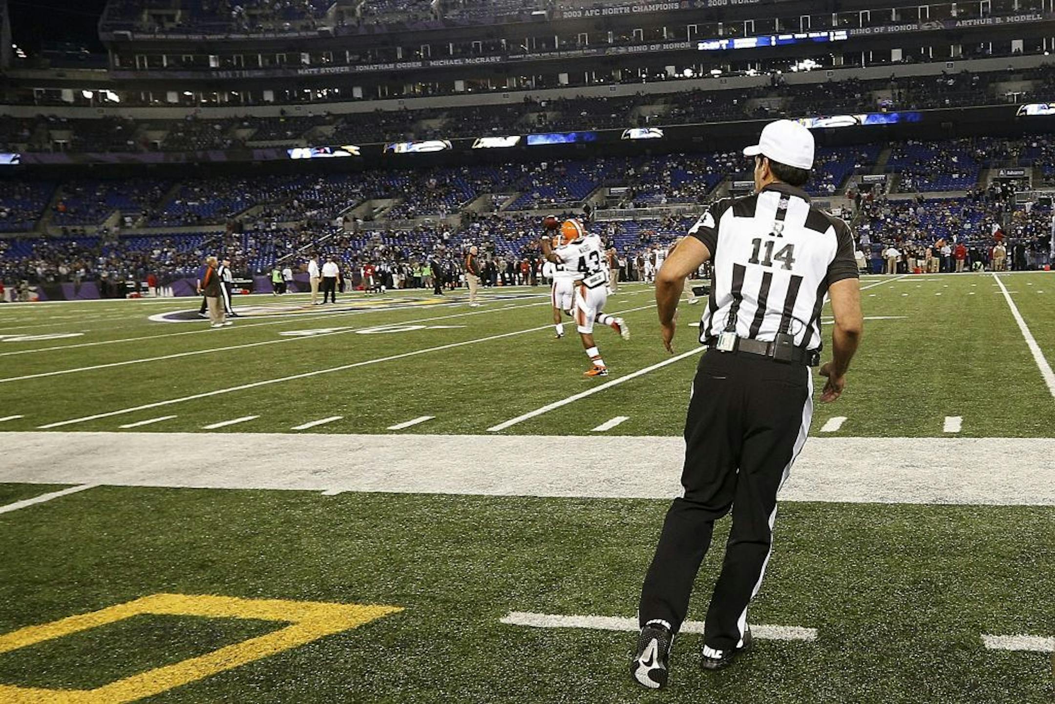 Referee Gene Steratore runs onto the field.