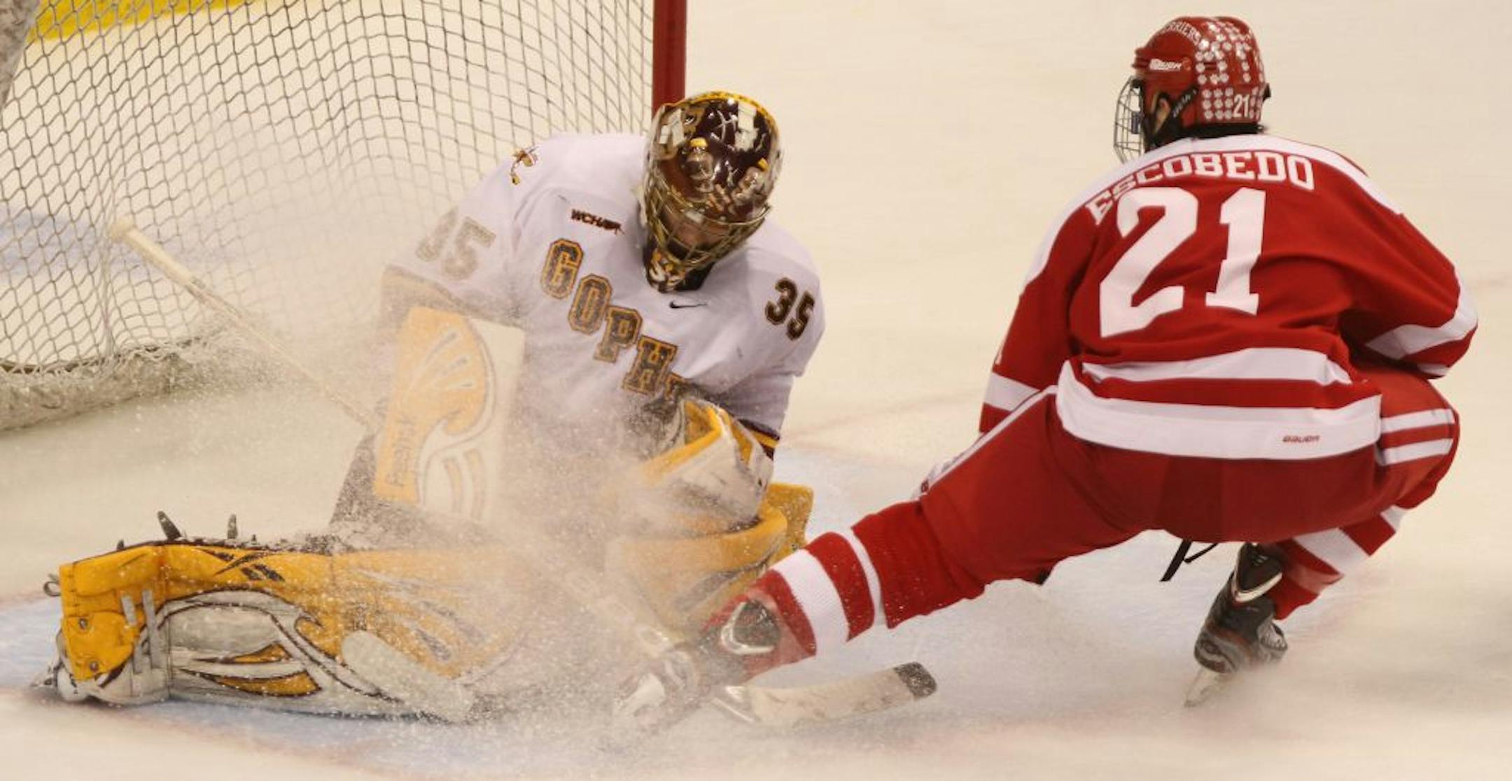 Minnesota goalie Kent Patterson stopped Boston U's Sean Escobedo's shot on goal in the second period of Saturday's game.