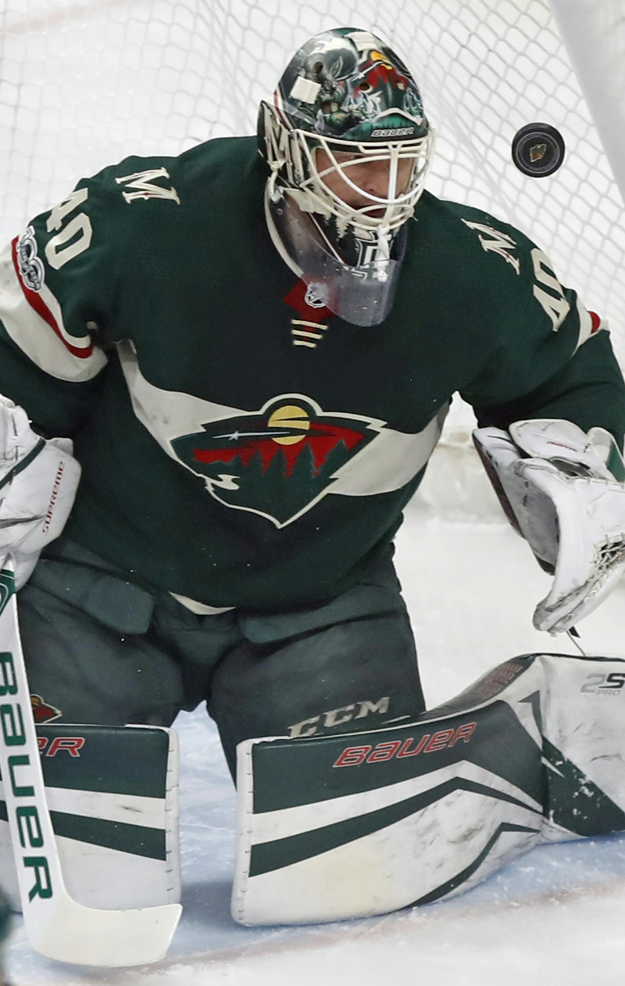 Devan Dubnyk(40) makes a save in the first period.] Wild take on the Golden Knights at Xcel Energy Center in St. Paul, Minnesota. Richard Tsong-Taatariiïrtsong-taatarii@startribune.com