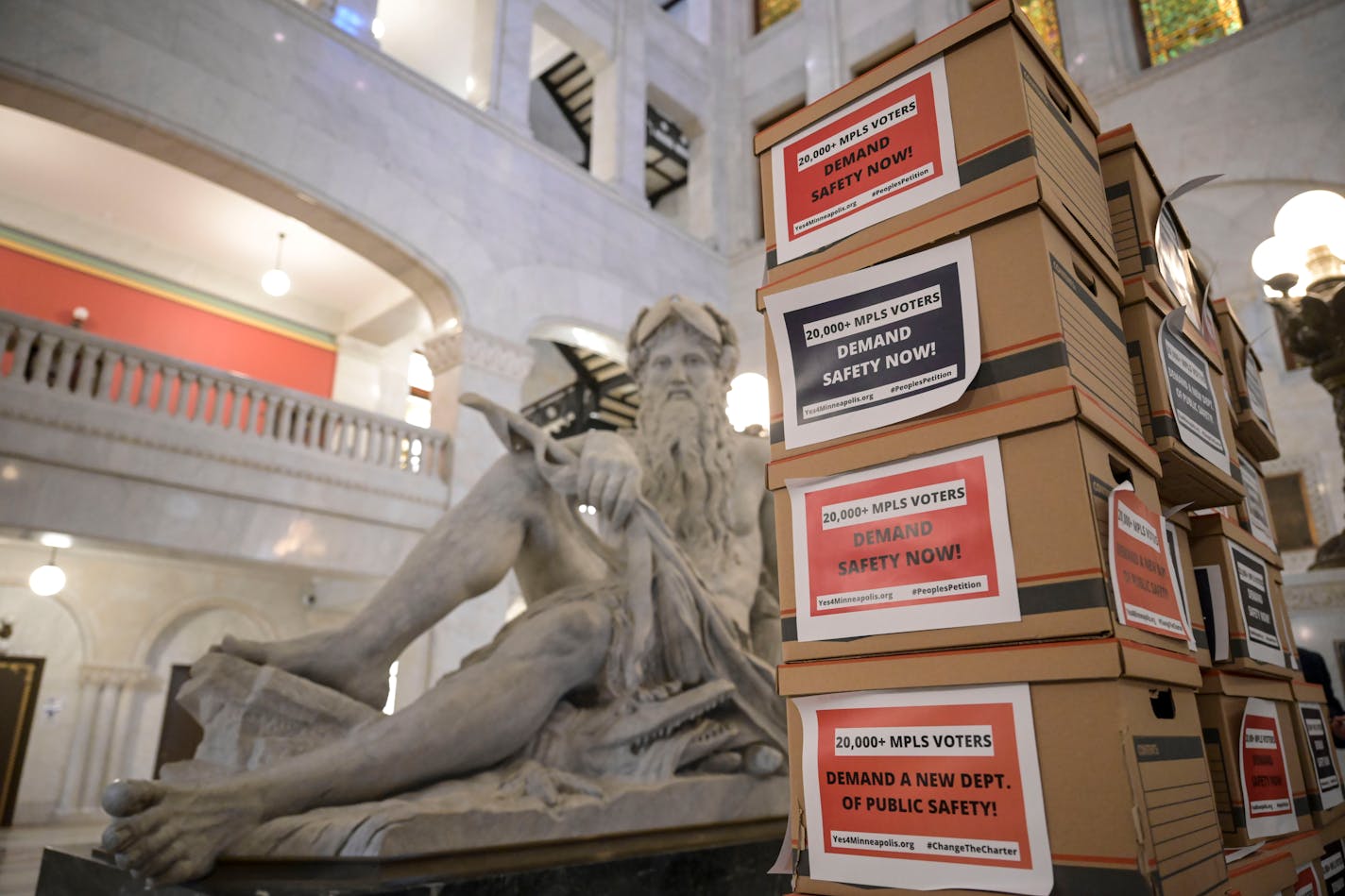 30 boxes, containing more than 20,000 signed petitions that call for replacing the Minneapolis Police Department with a new public safety department, eliminating the requirement for a minimum number of officers and granting the council more authority over police.