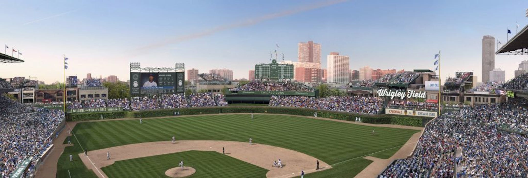 FILE -This file photo shows an artist rendering provided May 1, 2013 by the Chicago Cubs showing planned renovations at Wrigley Field. On Wednesday, July 24, 2013, Chicago City Council aldermen are set to vote on proposed renovations at the historic ballpark. Under the deal, the Chicago Cubs agreed not to erect outfield signs in addition to a Jumbotron in left field and another sign in right.