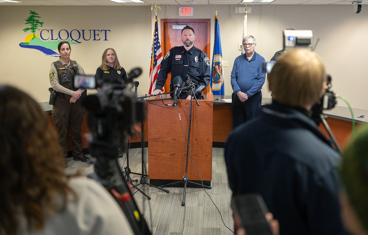 Cloquet Police Chief Derek Randall spoke during a press conference regarding the incident where two people were shot and killed Monday night at a Super 8 hotel in Cloquet, Minn., on Tuesday, Jan. 9, 2024. ] Elizabeth Flores • liz.flores@startribune.com