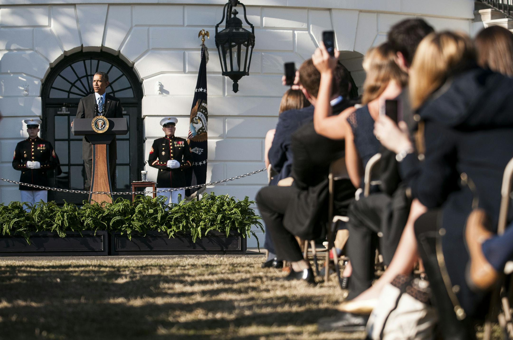 President Barack Obama speaks at an event honoring the champions in NCAA Division 1 Men's and Women's sports at the White House in Washington, March 10, 2014. (Gabriella Demczuk/The New York Times)