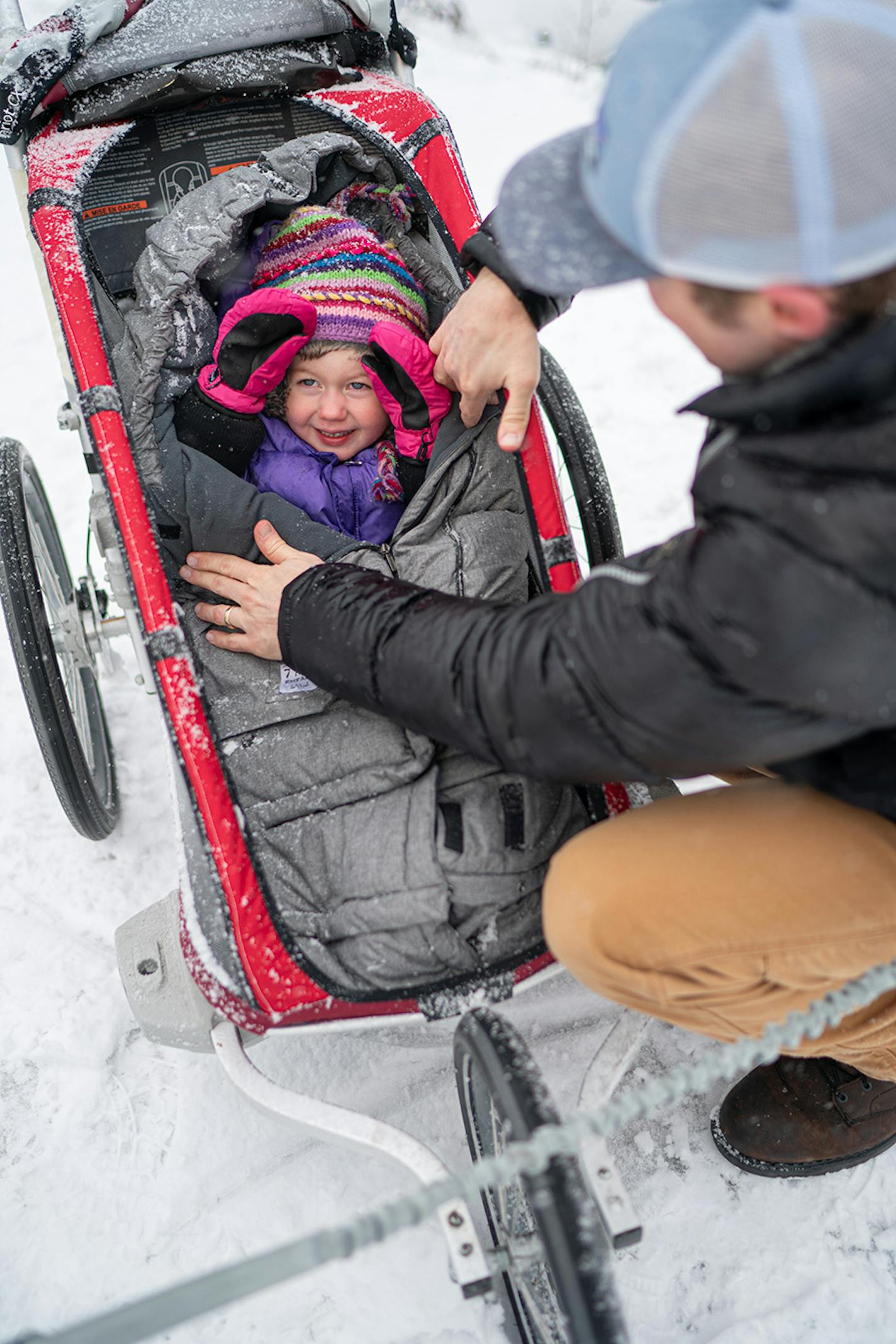 Jason Havey loaded Liesl into a stroller sleeping bag, a 7AM Blanket.