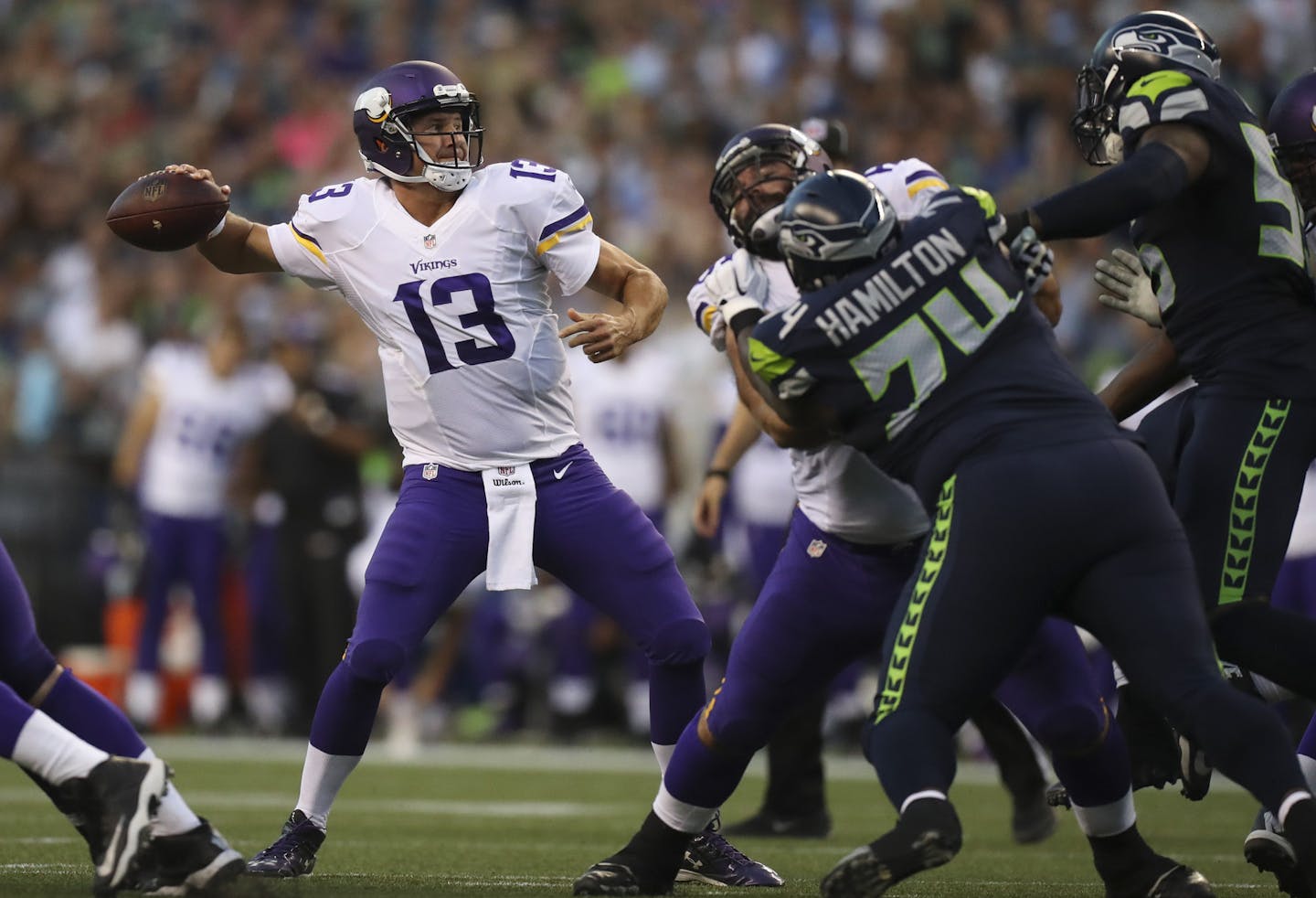 Vikings quarterback Shaun Hill prepared to throw in the second quarter Thursday night.