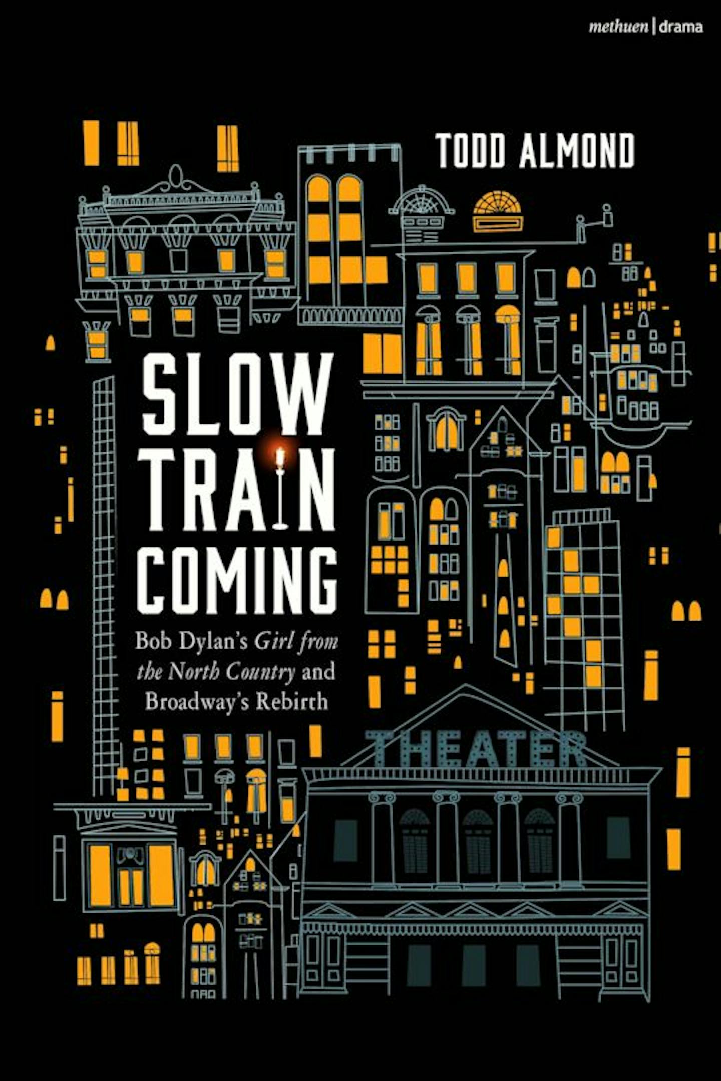 cover of Slow Train Coming is an illustration of a darkened theater in the midst of a lit-up city skyline