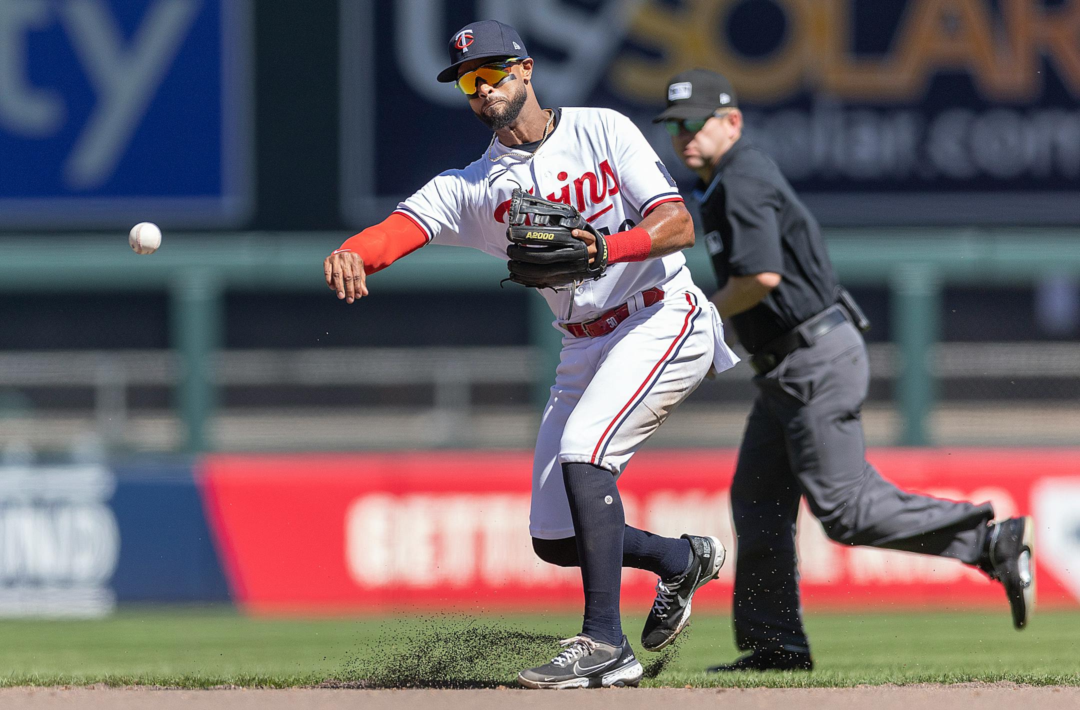 Minnesota Twins right fielder Willi Castro (50) throws to first for an out during the top of the eighth inning.