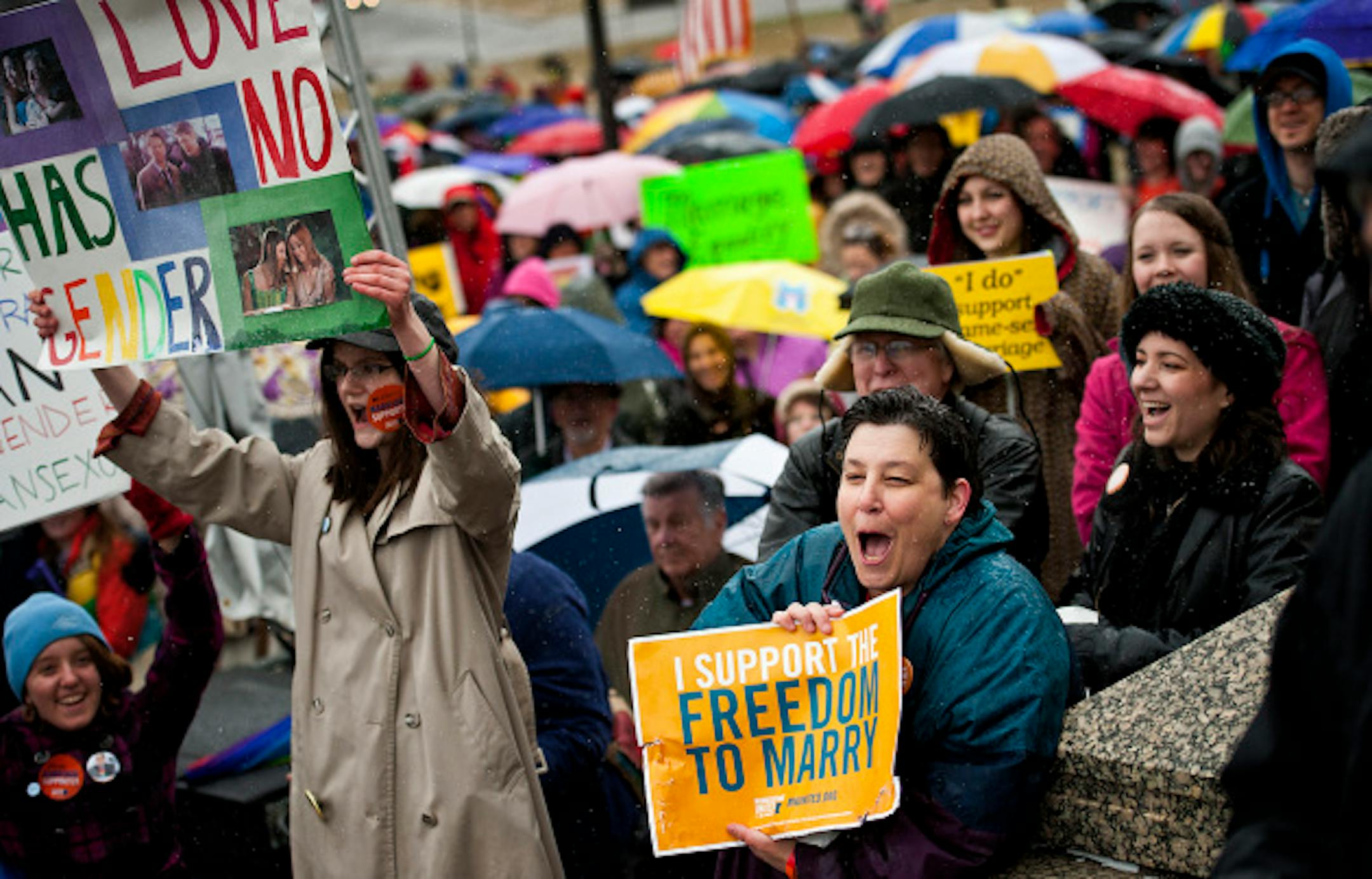Hundreds of Minnesotans from around the state rallied in front of the State Capitol in support of same-sex couples to be allowed to marry.  Key bills are expected soon at the legislature.  Thursday, April 18, 2013     ]     GLEN STUBBE * gstubbe@startribune.com