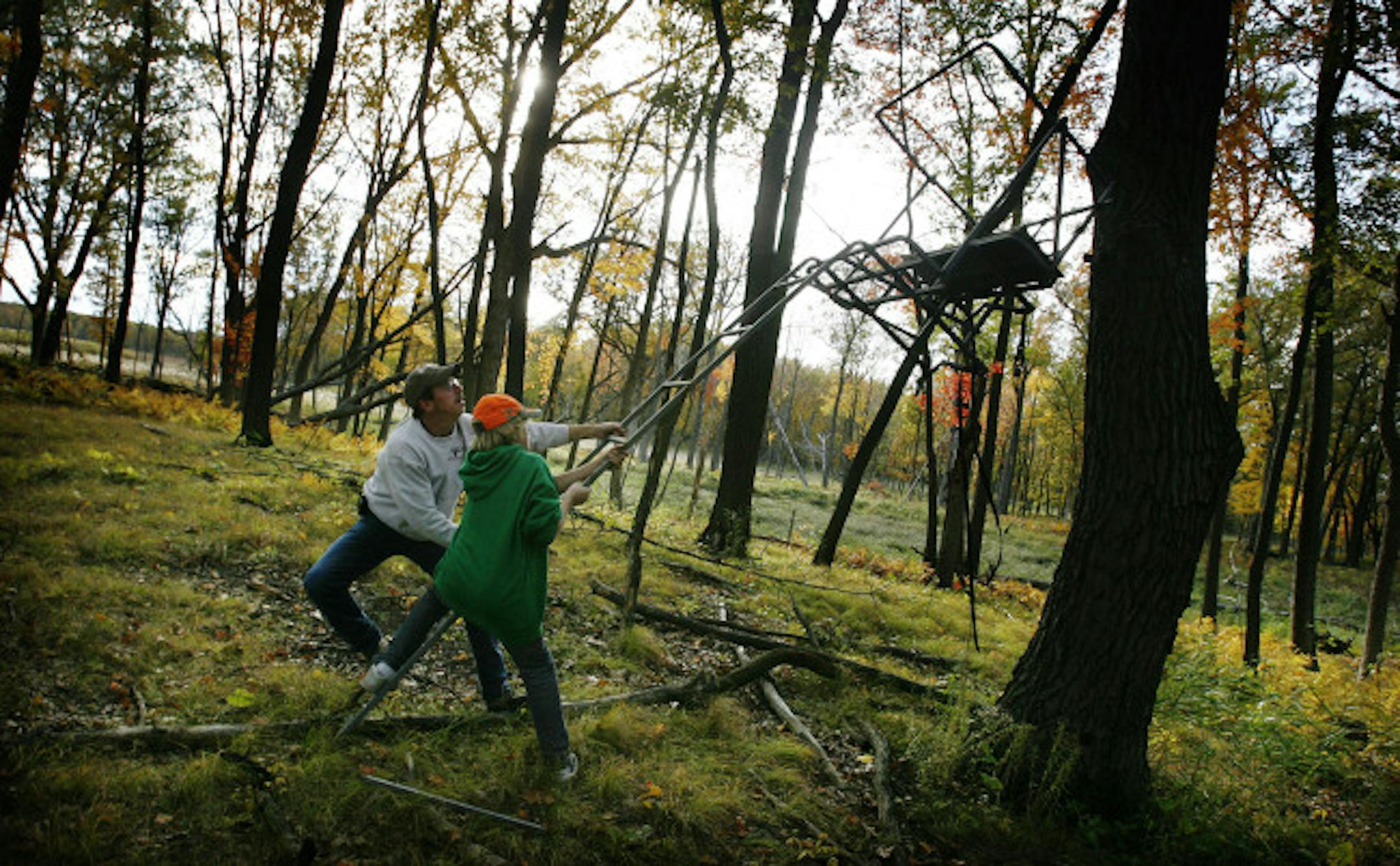 Dennis Erickson and his son Drew placed a portable tree stand while hunting during last weekend's special two-day doe-only season.