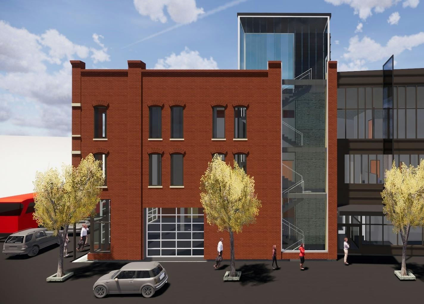 North Side entrepreneur Chris Webley is working with local partners to develop the century-old building at 927 W. Broadway into a gallery and food pop-up space, maker&#x2019;s space and music venue with an addition for offices. Rendering: Mobilize Design & Architecture